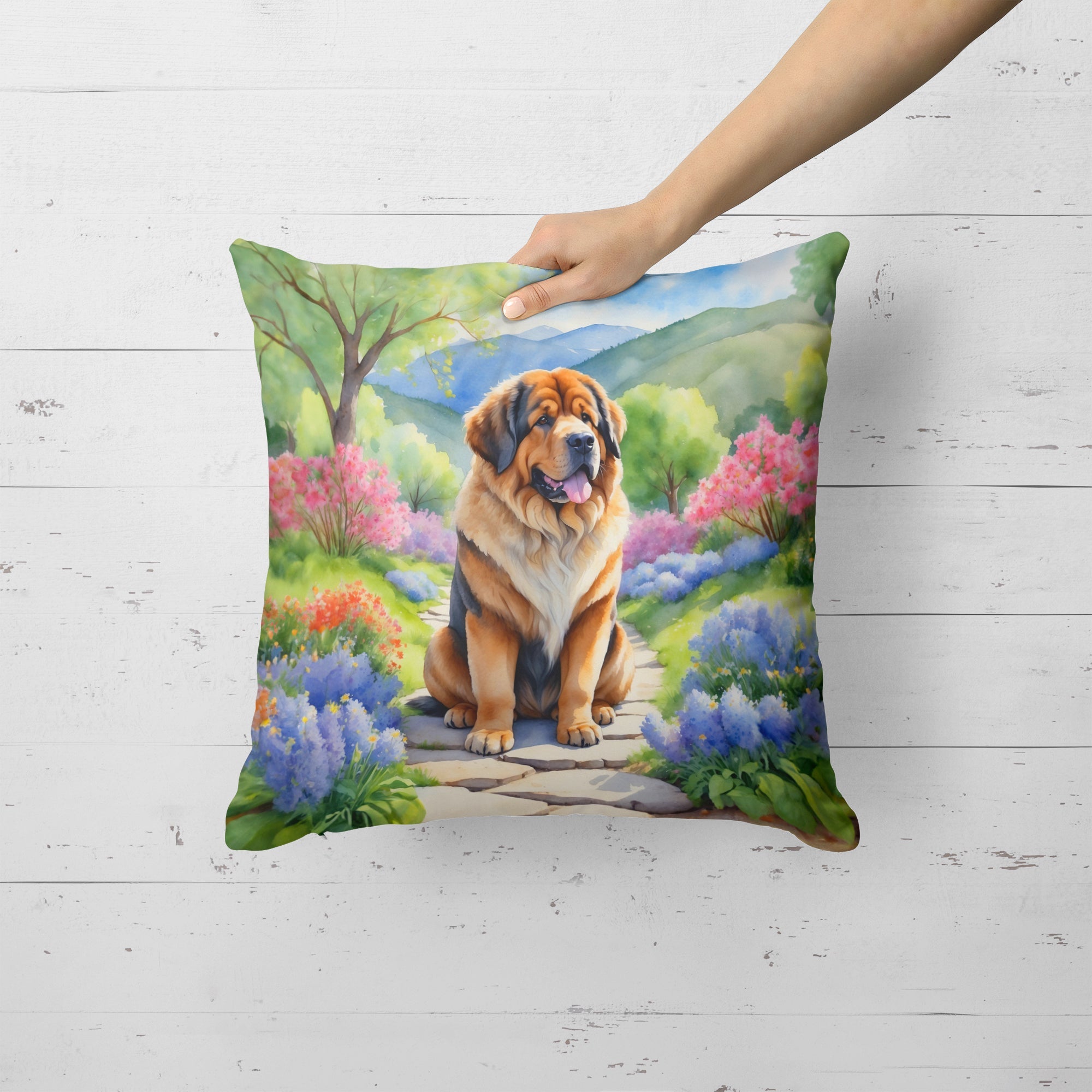 Tibetan Mastiff Spring Path Decorative Throw Pillow 18x18 Indoor Outdoor Accent Cushion, Fabric Cover with Insert for Sofa, Bed, Porch & Living Room