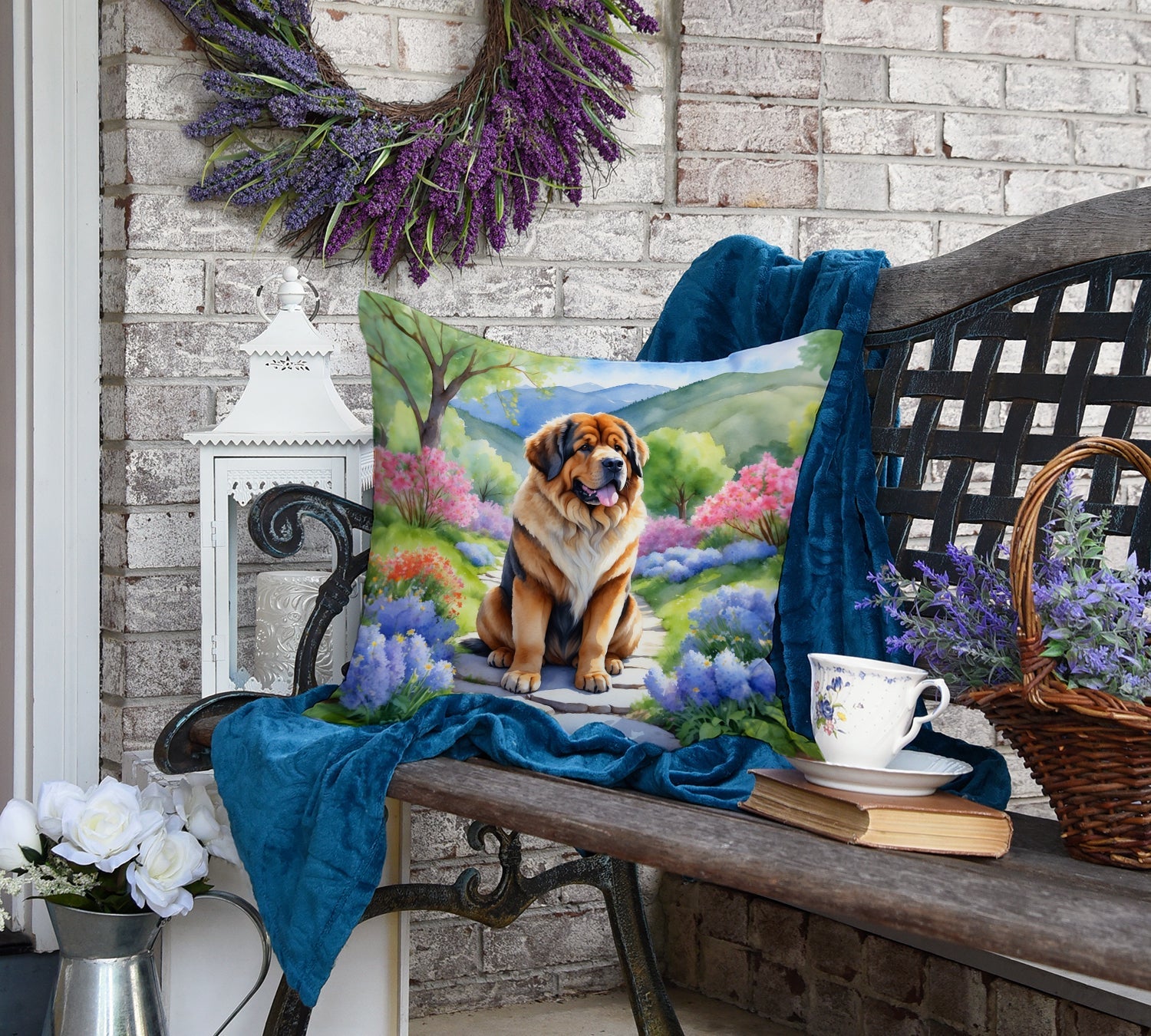 Tibetan Mastiff Spring Path Decorative Throw Pillow 18x18 Indoor Outdoor Accent Cushion, Fabric Cover with Insert for Sofa, Bed, Porch & Living Room