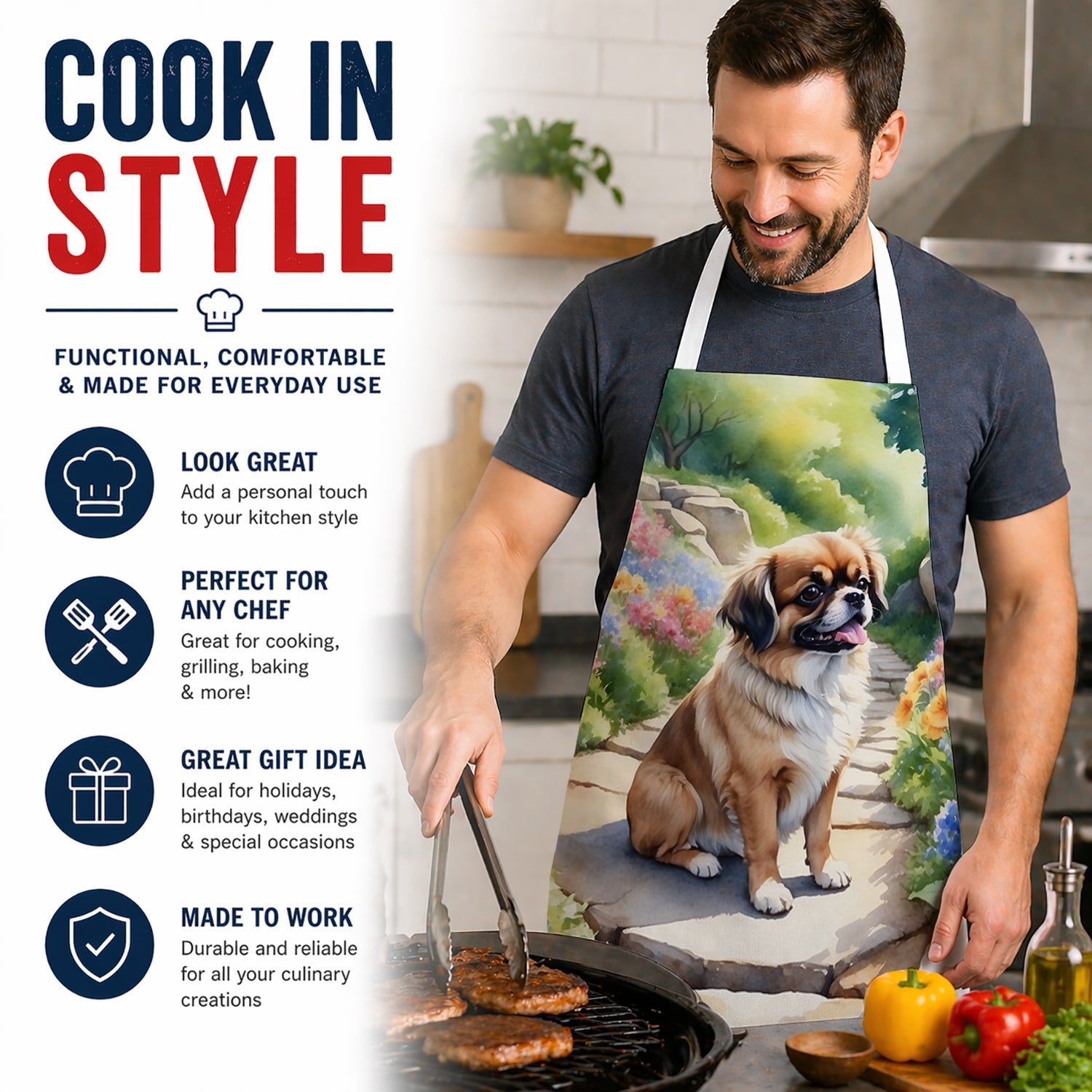 Tibetan Spaniel Spring Path Apron Cooking Kitchen Server Baking Crafts Gardening for Adult Women Men, Unisex, Large, Multicolor