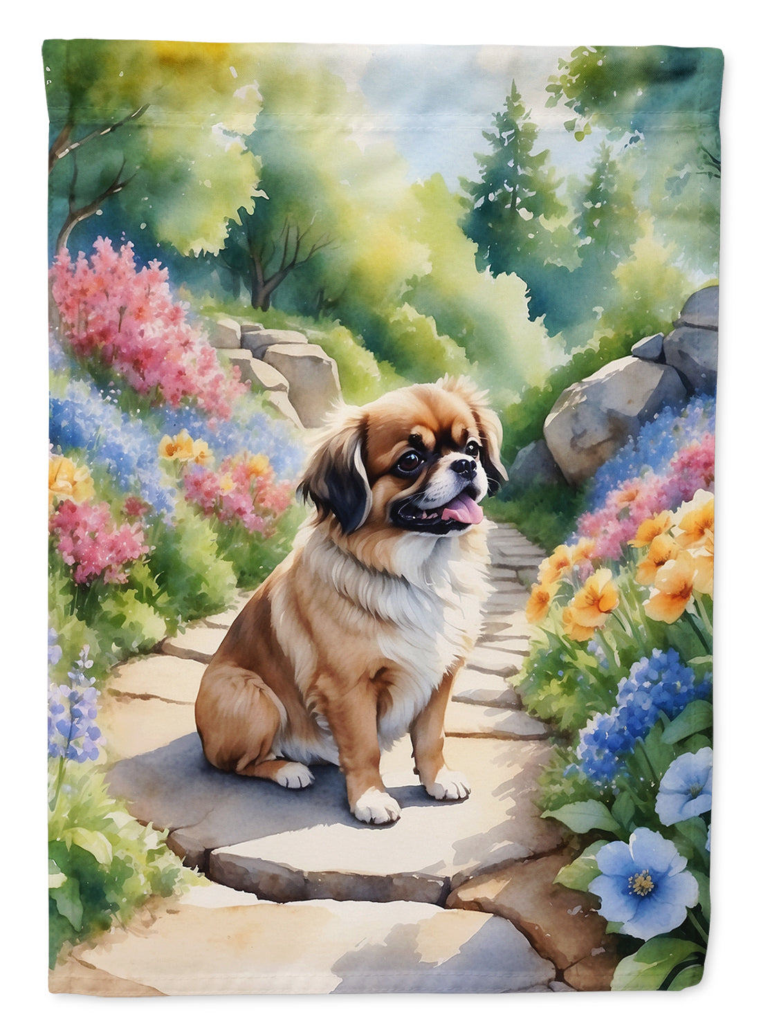 Tibetan Spaniel Spring Path House Flag 28x40 Porch Sleeve Pole Decorative Outside Yard Banner Artwork Wall Hanging, Polyester
