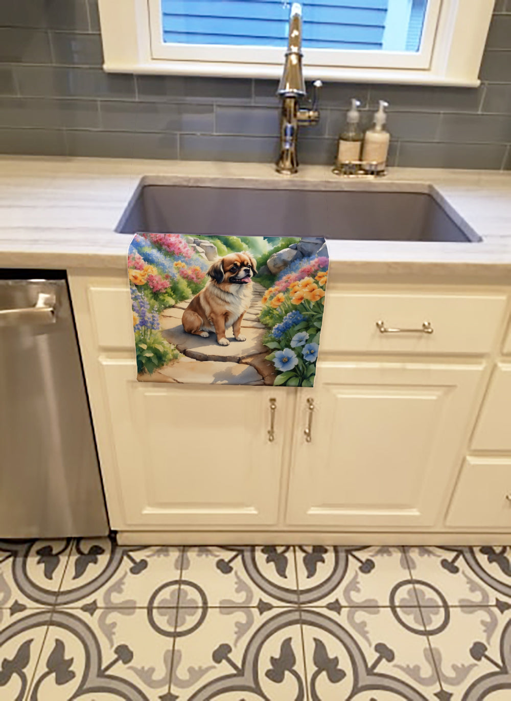 Tibetan Spaniel Spring Path Kitchen Towel Velour Plush Front and Cotton Loop Back Machine Washable