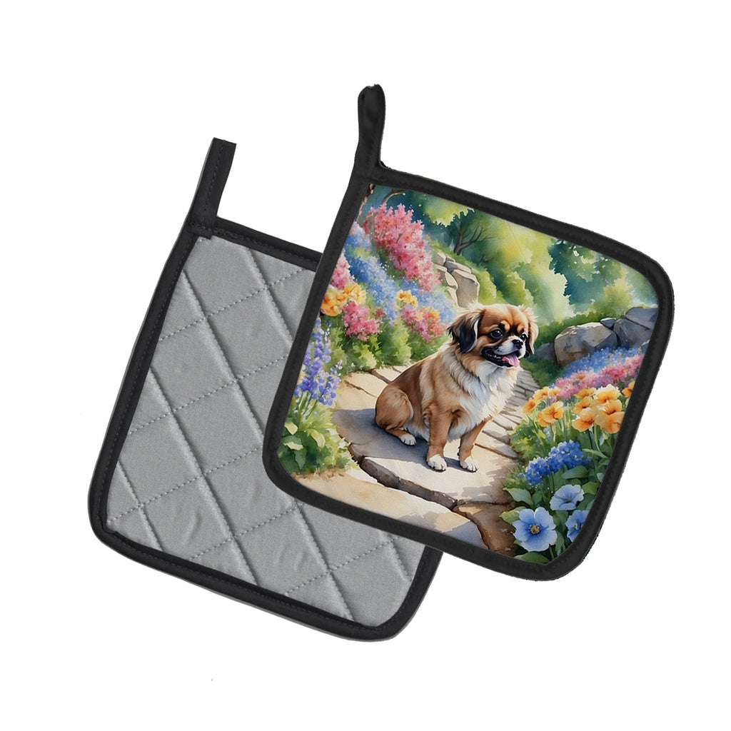 Tibetan Spaniel Spring Path Pot Holder Set of 2 Heat Resistant Quilted Hot Pads 7.5 x 7.5 Inch, Insulated Kitchen Trivets for Cooking & Baking