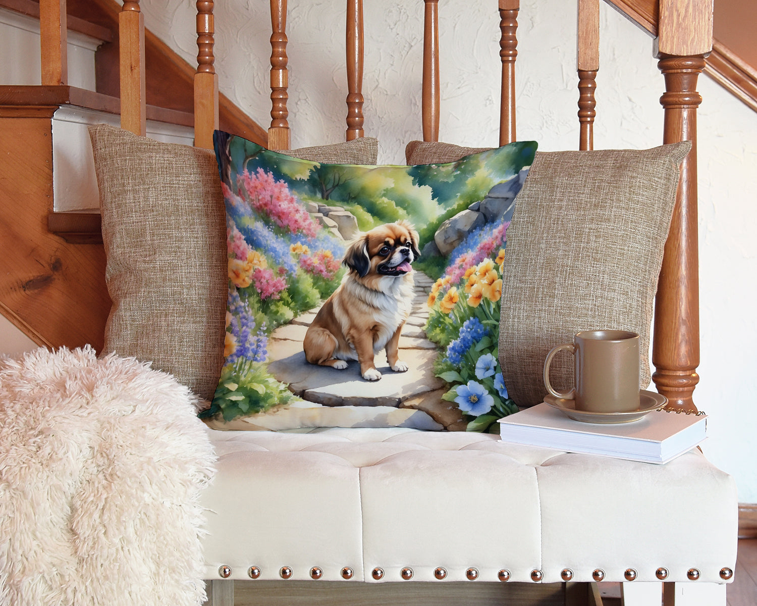 Tibetan Spaniel Spring Path Decorative Throw Pillow 14x14 Indoor Outdoor Accent Cushion, Fabric Cover with Insert for Sofa, Bed, Porch & Living Room