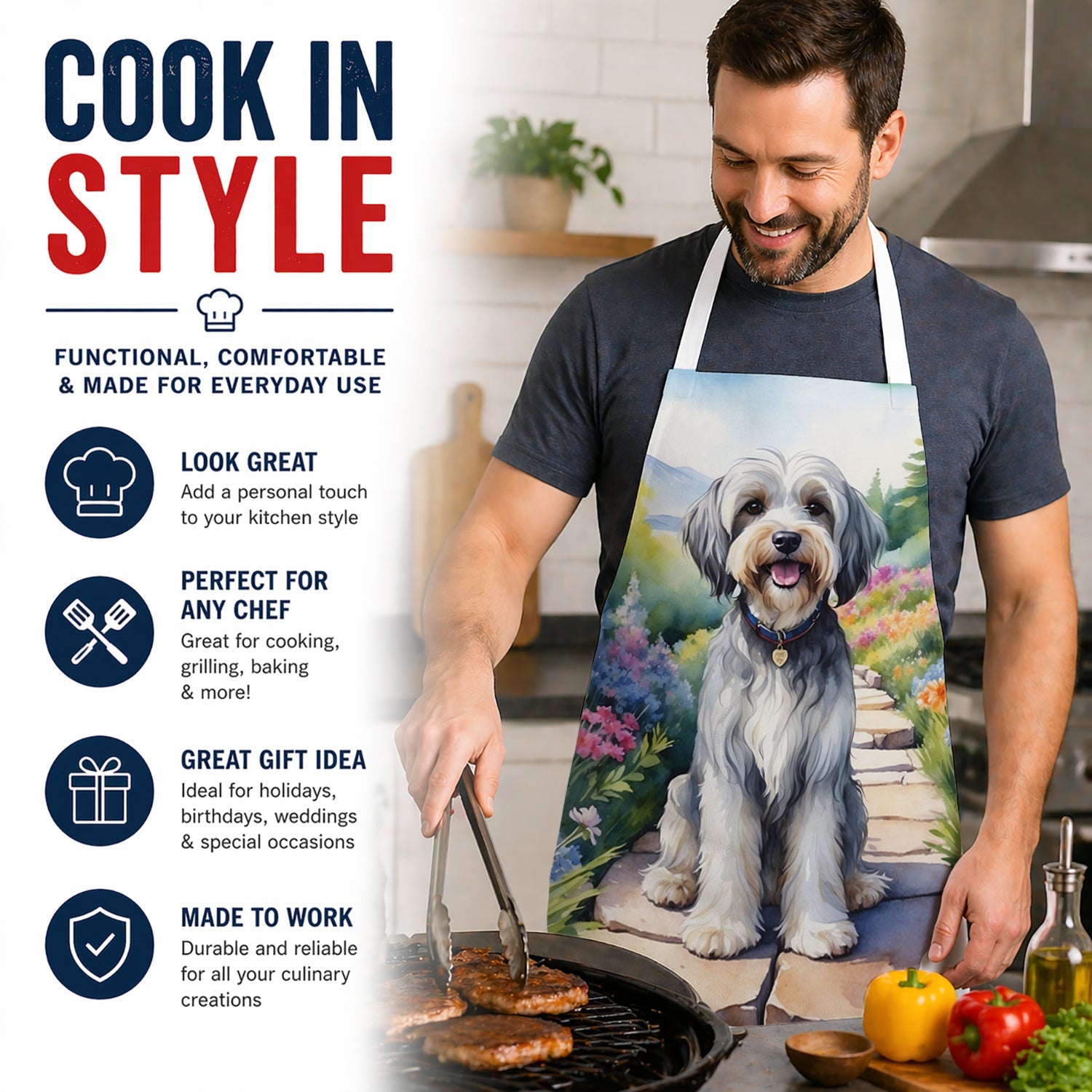 Tibetan Terrier Spring Path Apron Cooking Kitchen Server Baking Crafts Gardening for Adult Women Men, Unisex, Large, Multicolor