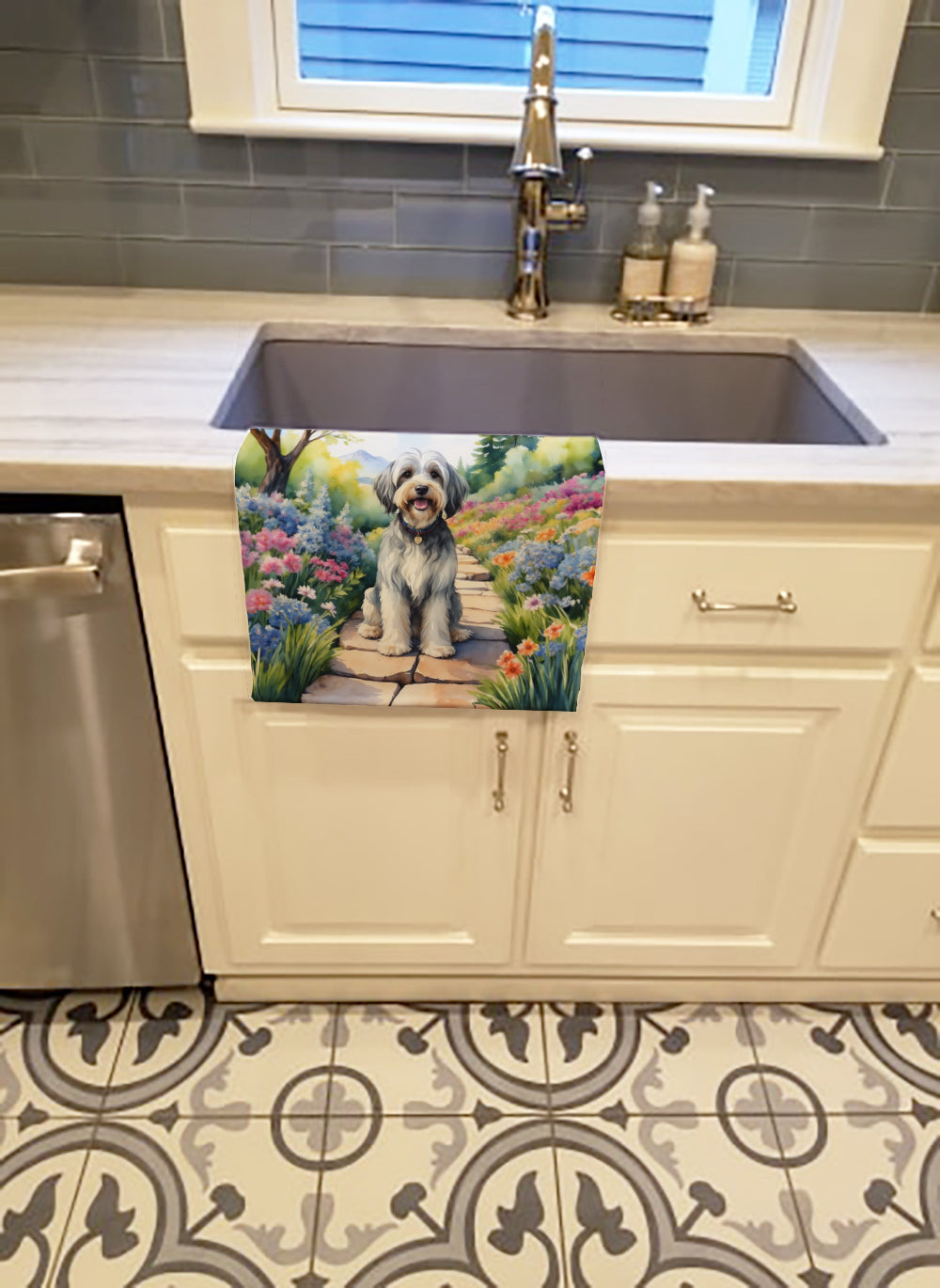 Tibetan Terrier Spring Path Kitchen Towel Velour Plush Front and Cotton Loop Back Machine Washable