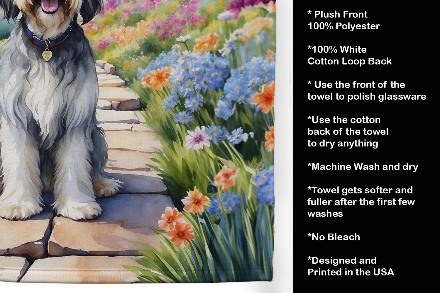 Tibetan Terrier Spring Path Kitchen Towel Velour Plush Front and Cotton Loop Back Machine Washable