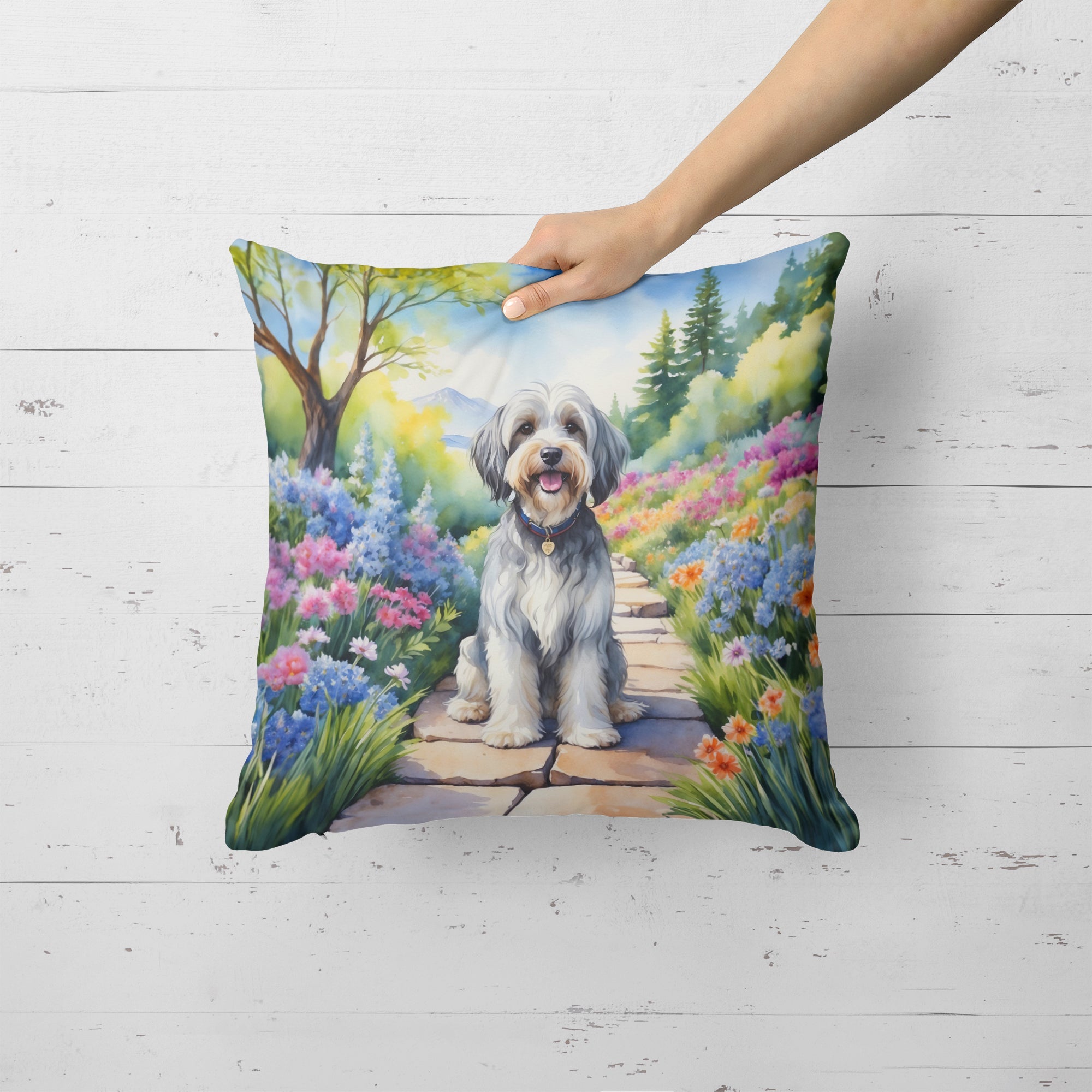 Tibetan Terrier Spring Path Decorative Throw Pillow 18x18 Indoor Outdoor Accent Cushion, Fabric Cover with Insert for Sofa, Bed, Porch & Living Room
