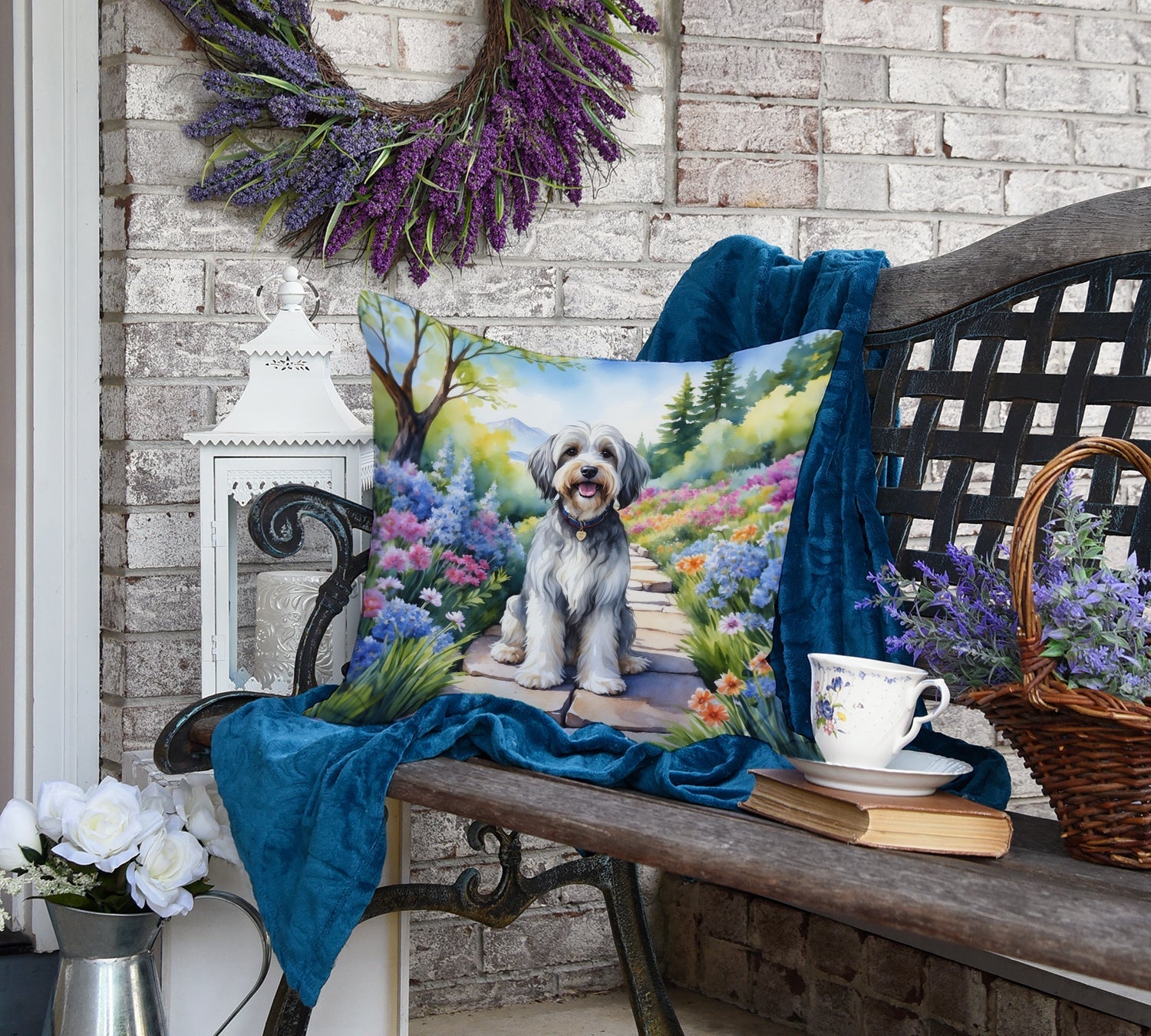 Tibetan Terrier Spring Path Decorative Throw Pillow 18x18 Indoor Outdoor Accent Cushion, Fabric Cover with Insert for Sofa, Bed, Porch & Living Room