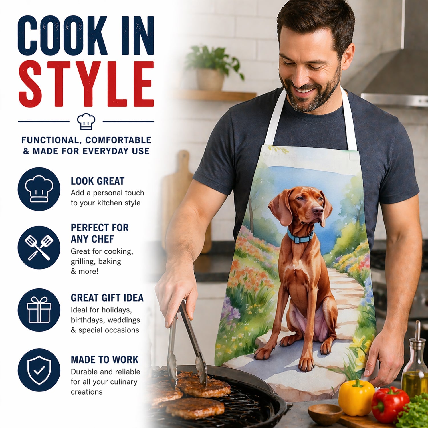 Vizsla Spring Path Apron Cooking Kitchen Server Baking Crafts Gardening for Adult Women Men, Unisex, Large, Multicolor