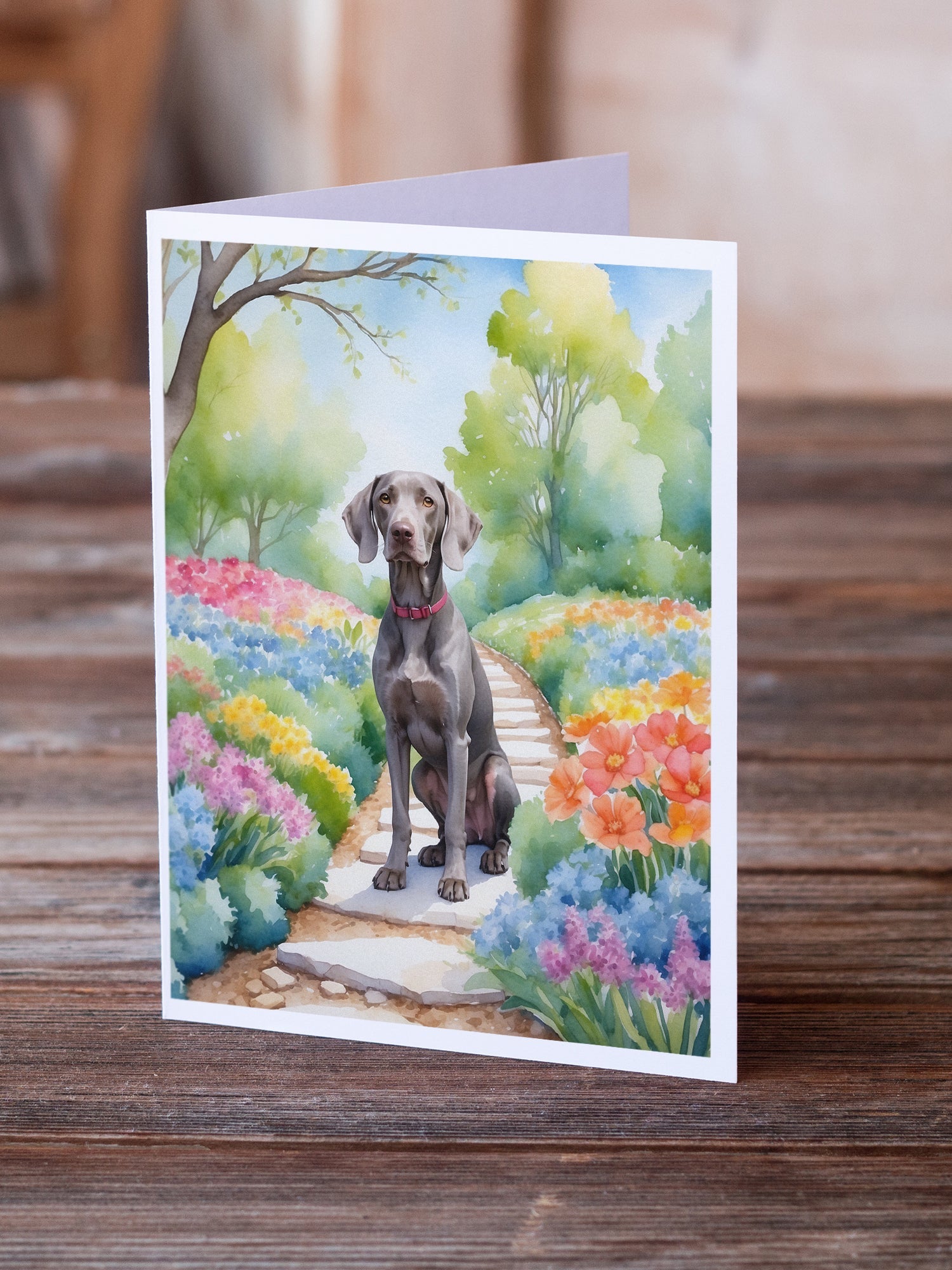 Weimaraner Spring Path Greeting Cards Pack of 8 Blank Cards with Envelopes Whimsical A7 Size 5x7
