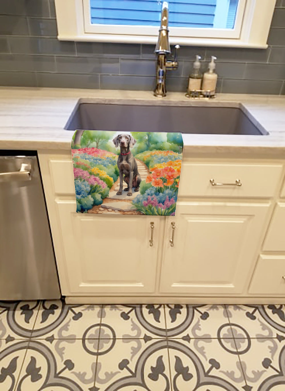 Weimaraner Spring Path Kitchen Towel Velour Plush Front and Cotton Loop Back Machine Washable