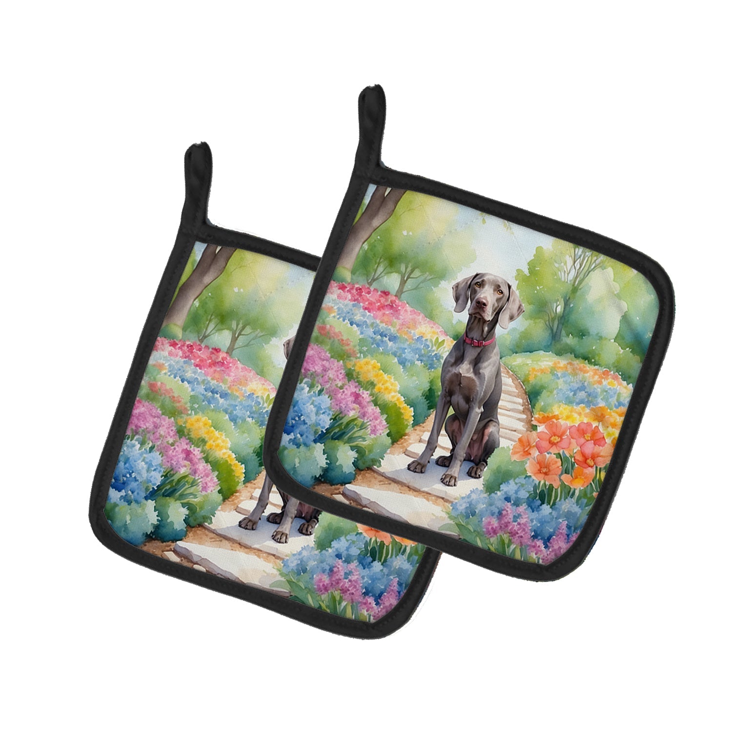 Weimaraner Spring Path Pot Holder Set of 2 Heat Resistant Quilted Hot Pads 7.5 x 7.5 Inch, Insulated Kitchen Trivets for Cooking & Baking