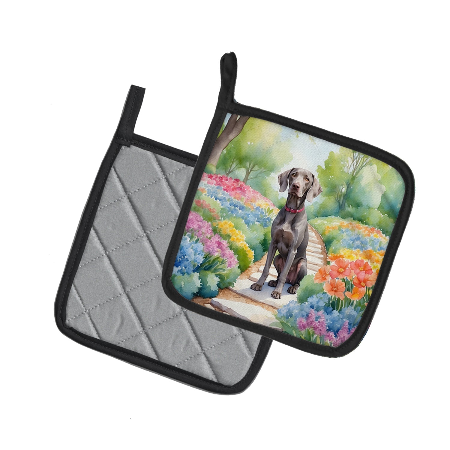 Weimaraner Spring Path Pot Holder Set of 2 Heat Resistant Quilted Hot Pads 7.5 x 7.5 Inch, Insulated Kitchen Trivets for Cooking & Baking
