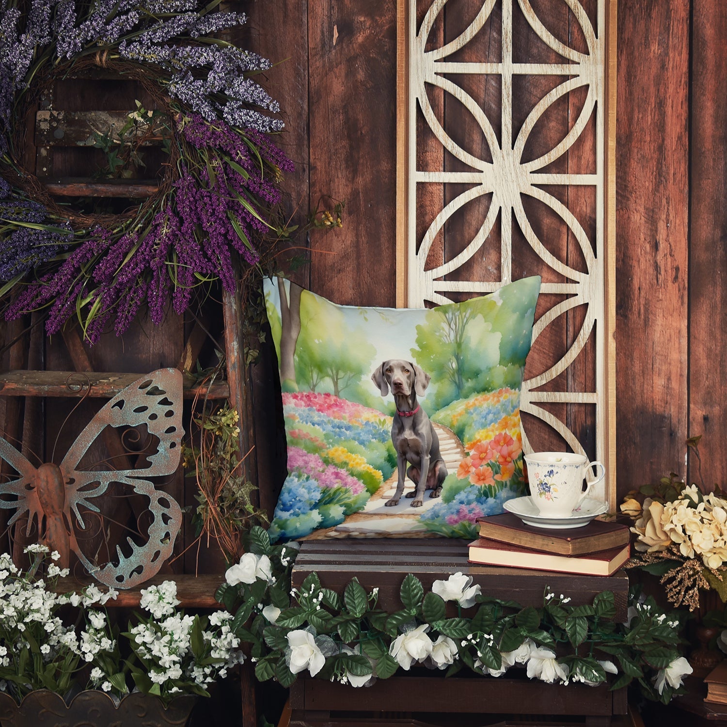 Weimaraner Spring Path Decorative Throw Pillow 18x18 Indoor Outdoor Accent Cushion, Fabric Cover with Insert for Sofa, Bed, Porch & Living Room