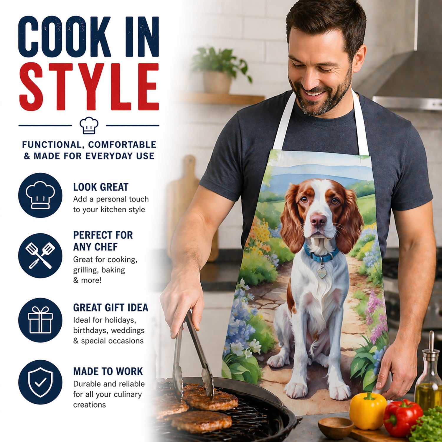 Welsh Springer Spaniel Spring Path Apron Cooking Kitchen Server Baking Crafts Gardening for Adult Women Men, Unisex, Large, Multicolor