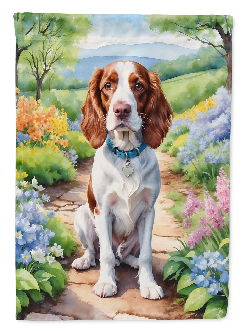 Welsh Springer Spaniel Spring Path House Flag 28x40 Porch Sleeve Pole Decorative Outside Yard Banner Artwork Wall Hanging, Polyester