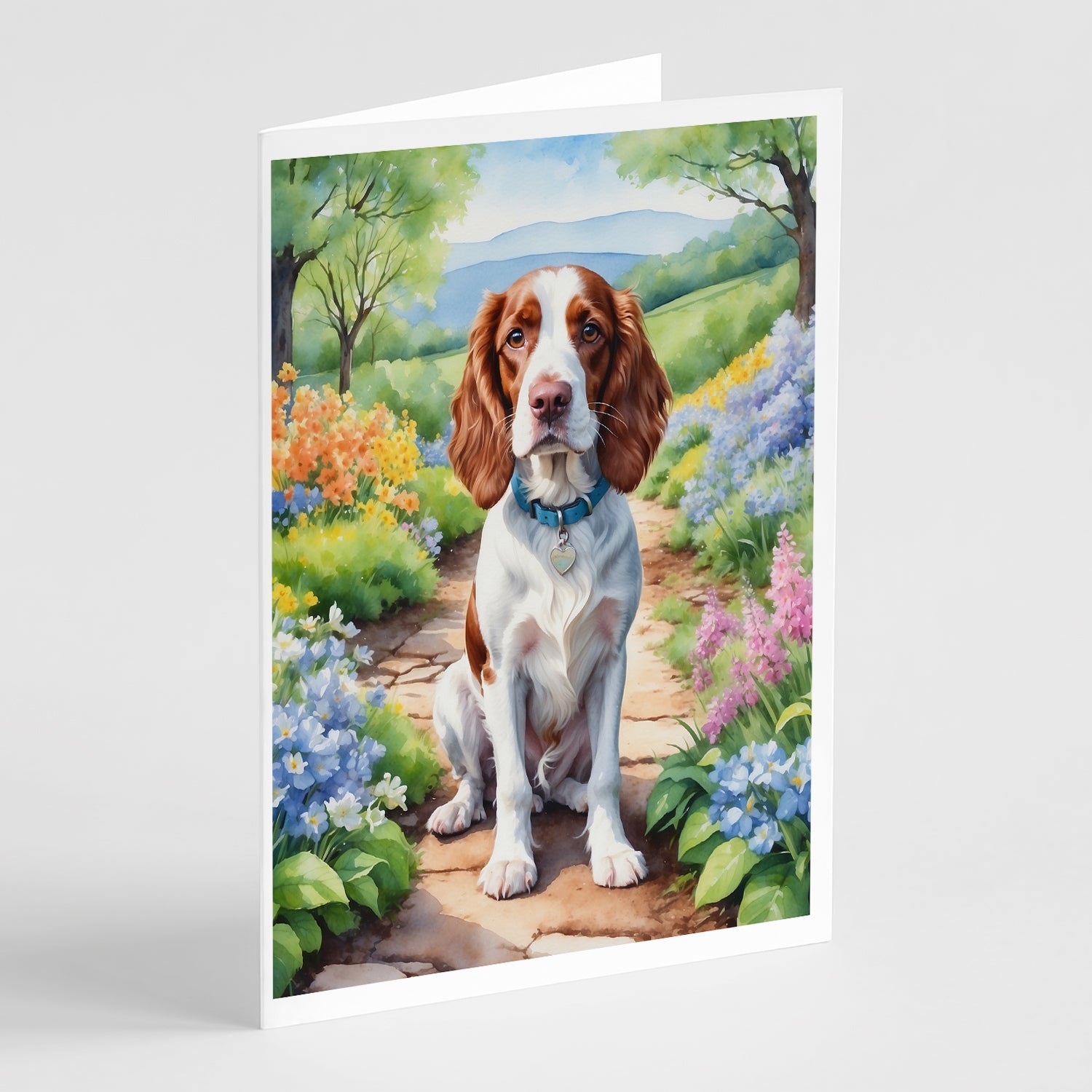 Welsh Springer Spaniel Spring Path Greeting Cards Pack of 8 Blank Cards with Envelopes Whimsical A7 Size 5x7