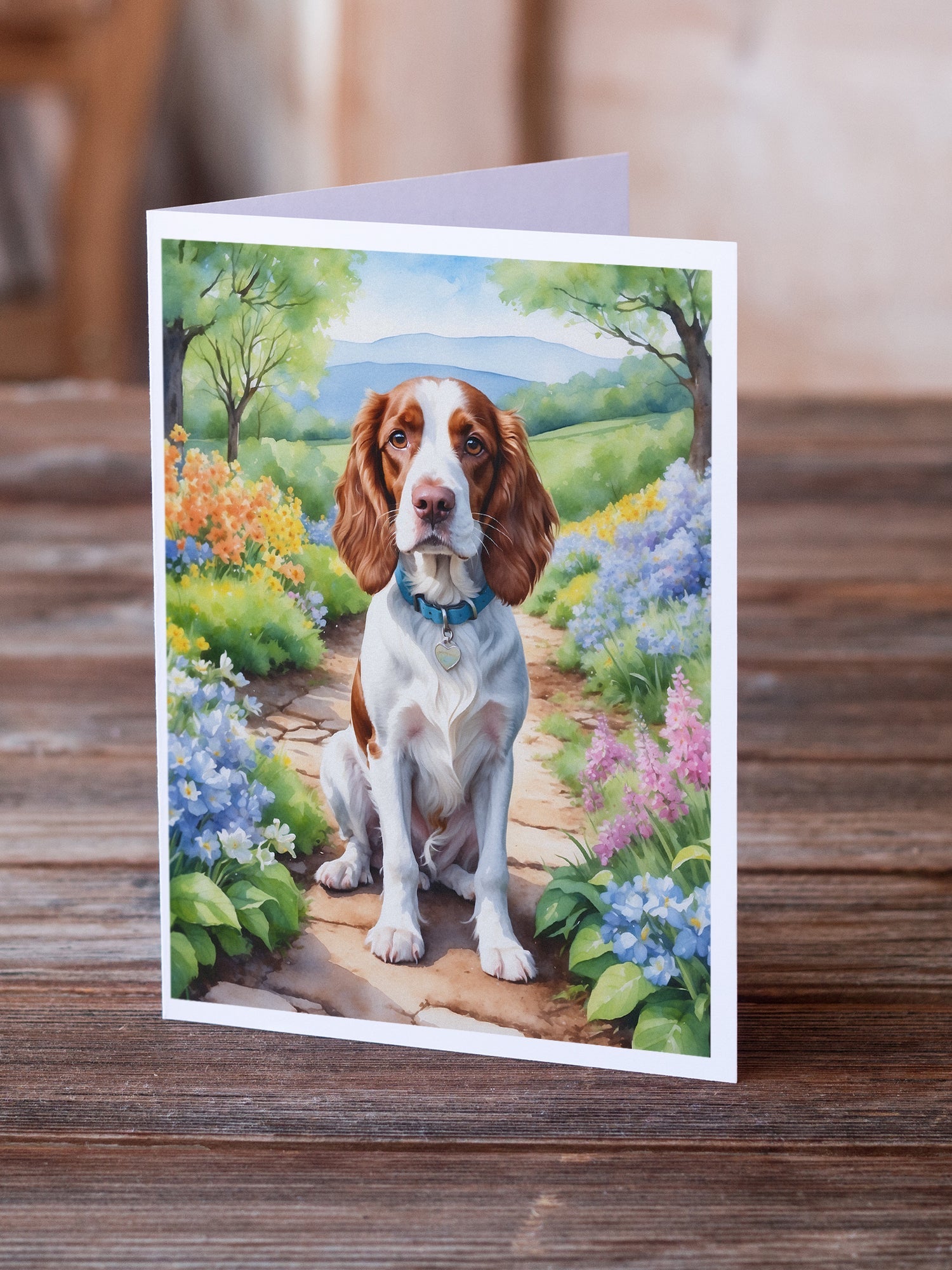 Welsh Springer Spaniel Spring Path Greeting Cards Pack of 8 Blank Cards with Envelopes Whimsical A7 Size 5x7