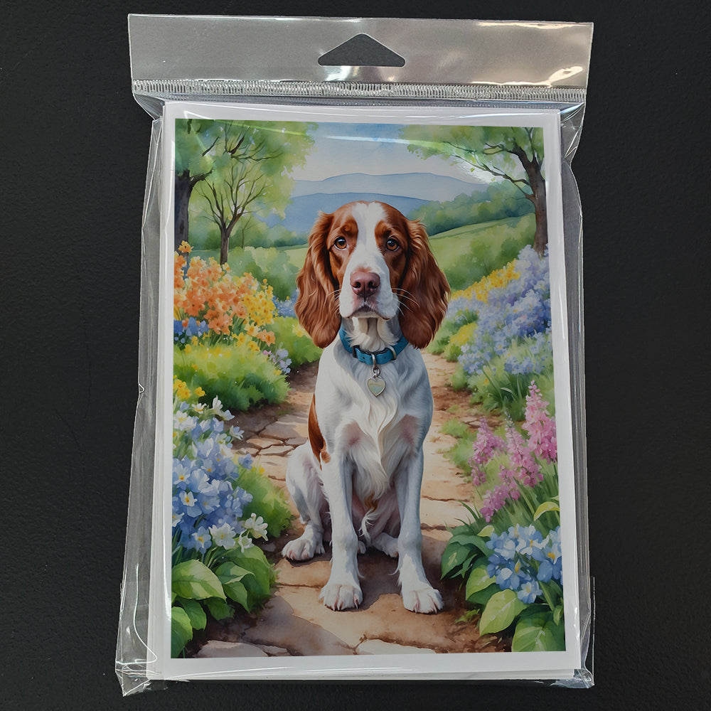 Welsh Springer Spaniel Spring Path Greeting Cards Pack of 8 Blank Cards with Envelopes Whimsical A7 Size 5x7