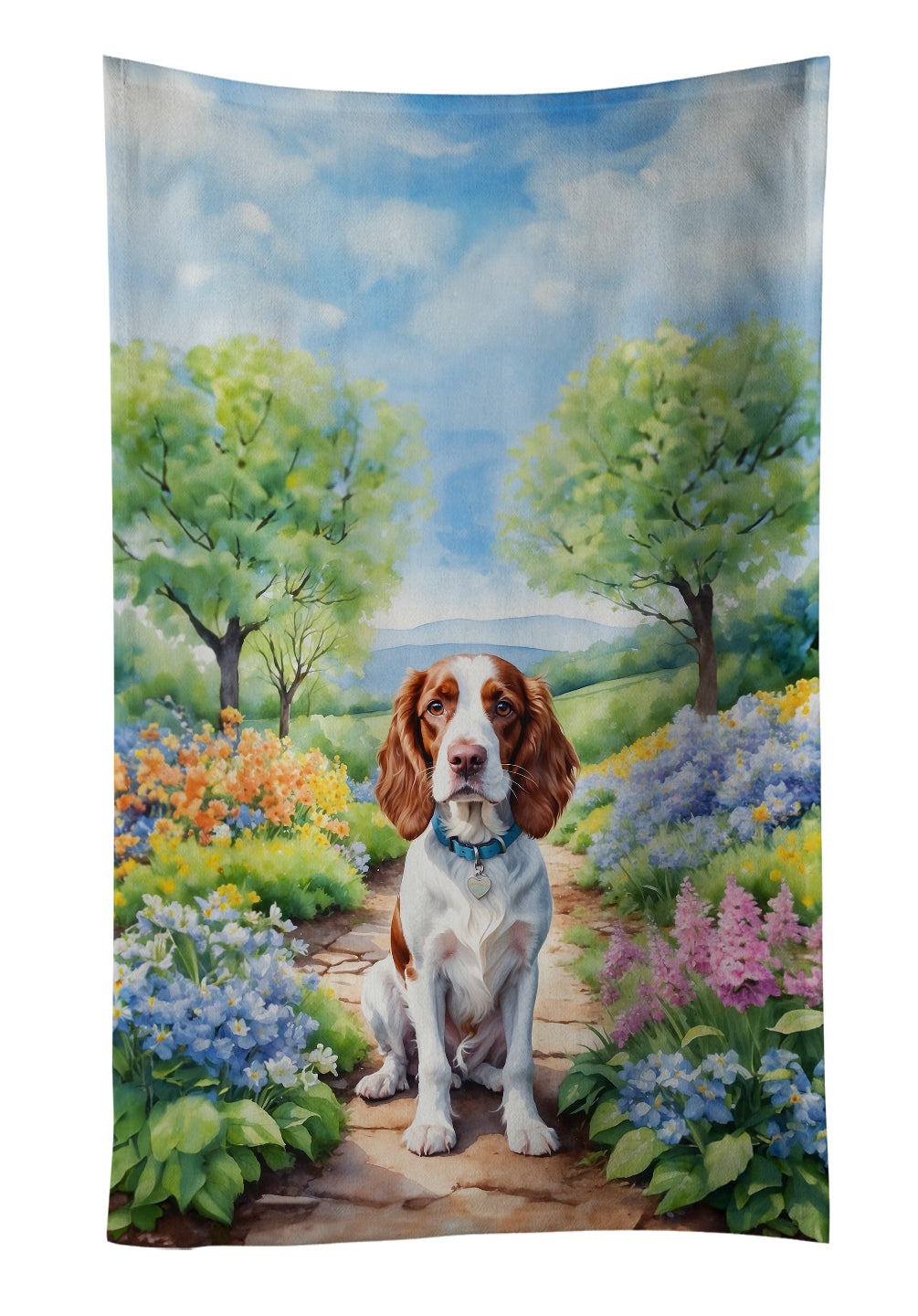 Welsh Springer Spaniel Spring Path Kitchen Towel Velour Plush Front and Cotton Loop Back Machine Washable