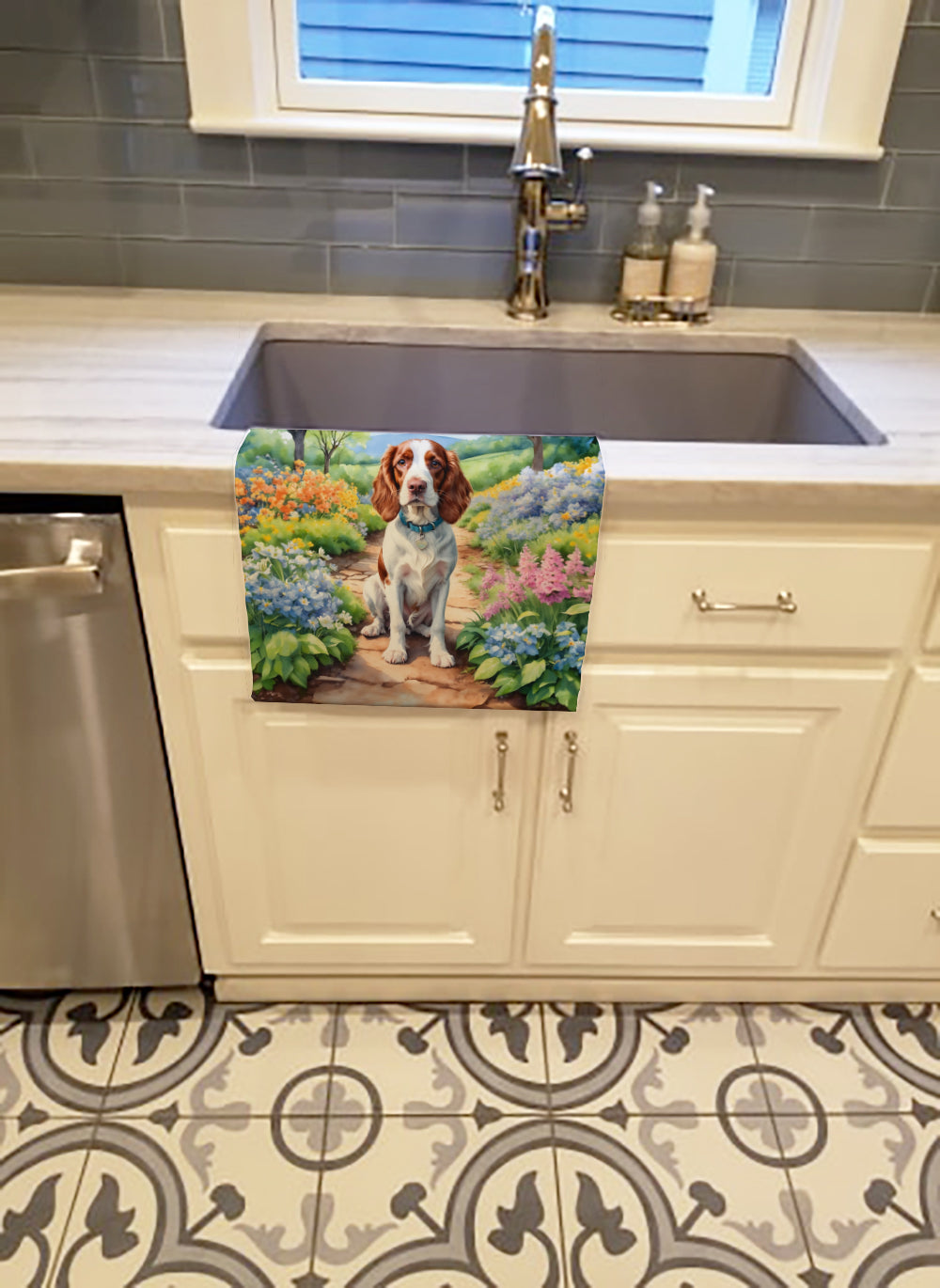 Welsh Springer Spaniel Spring Path Kitchen Towel Velour Plush Front and Cotton Loop Back Machine Washable
