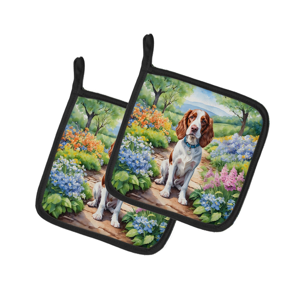 Welsh Springer Spaniel Spring Path Pot Holder Set of 2 Heat Resistant Quilted Hot Pads 7.5 x 7.5 Inch, Insulated Kitchen Trivets for Cooking & Baking
