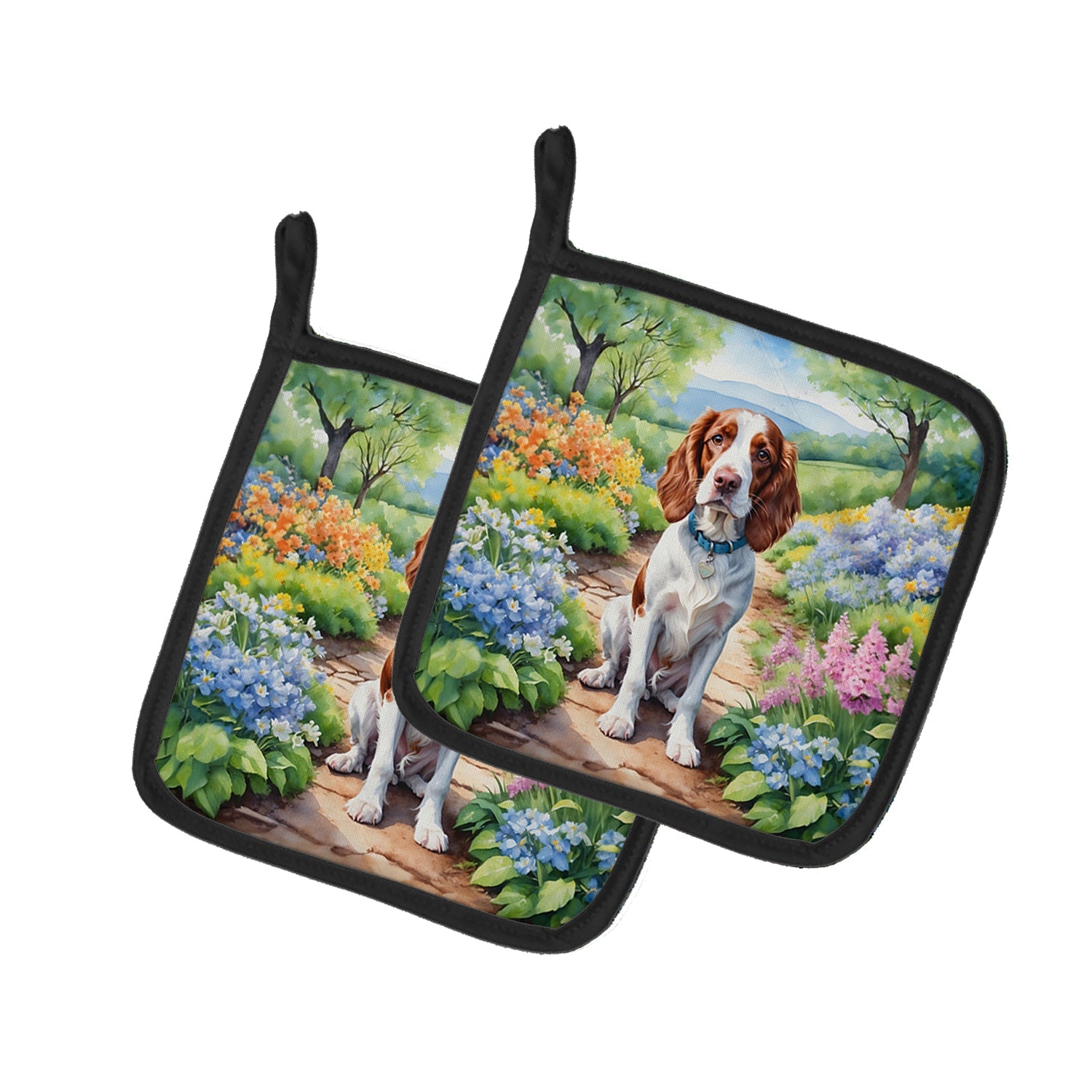 Welsh Springer Spaniel Spring Path Pot Holder Set of 2 Heat Resistant Quilted Hot Pads 7.5 x 7.5 Inch, Insulated Kitchen Trivets for Cooking & Baking