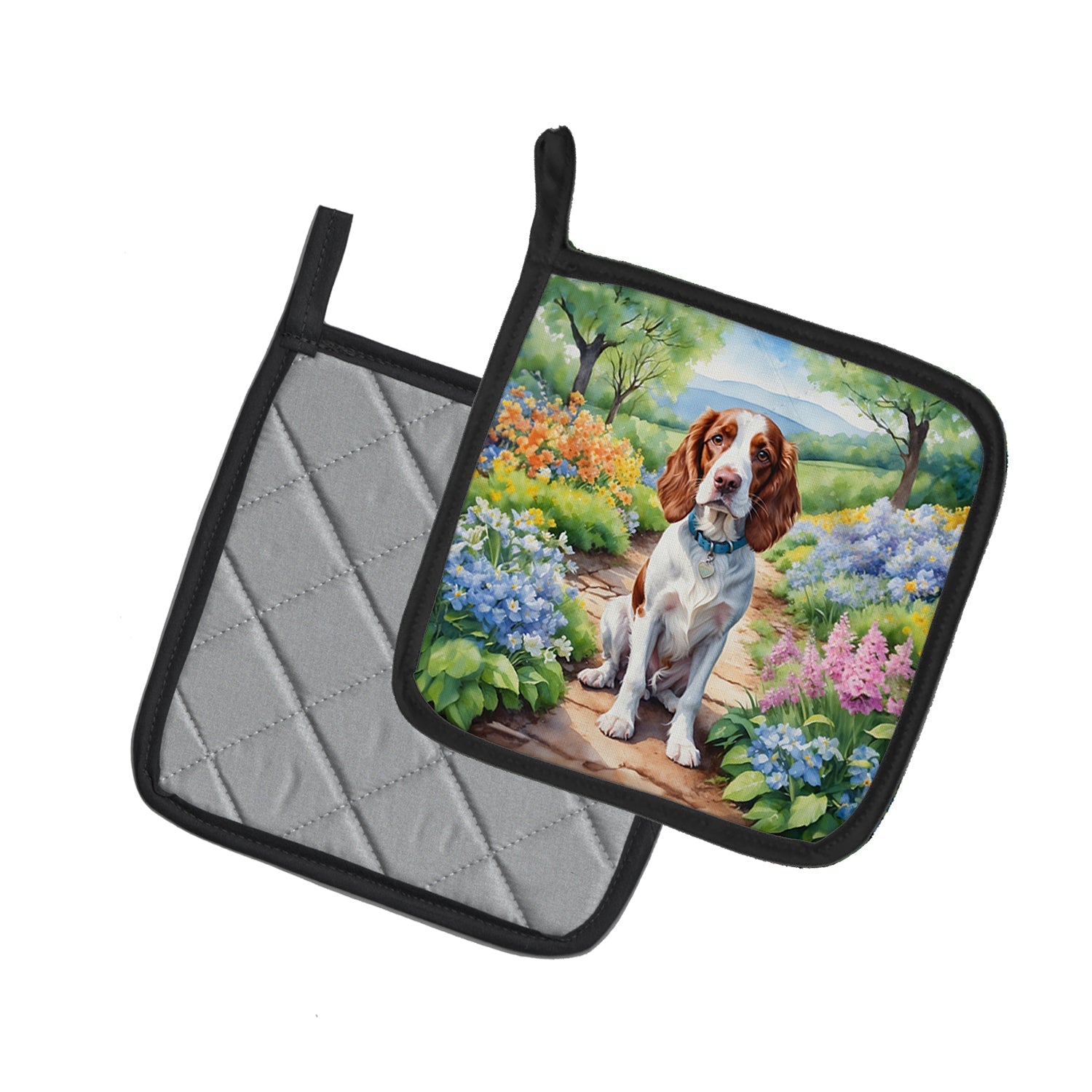 Welsh Springer Spaniel Spring Path Pot Holder Set of 2 Heat Resistant Quilted Hot Pads 7.5 x 7.5 Inch, Insulated Kitchen Trivets for Cooking & Baking