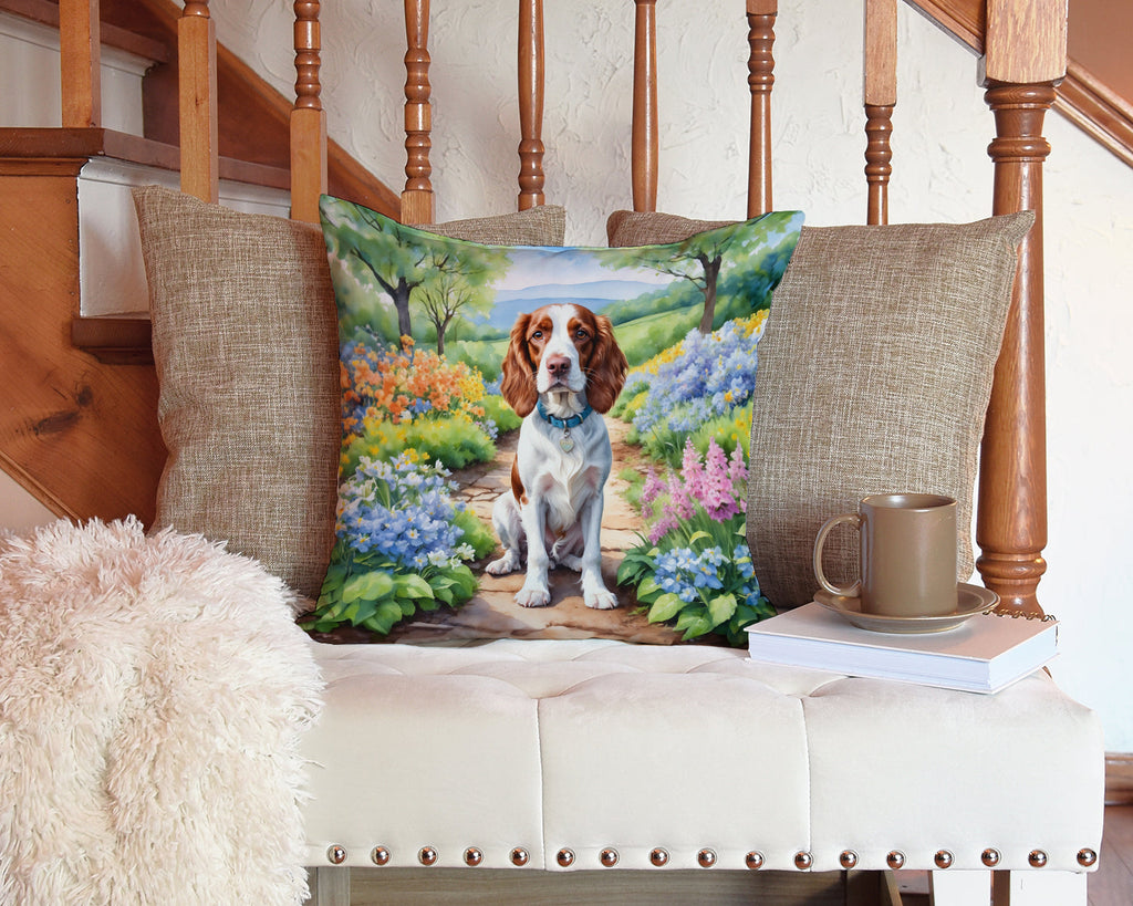 Welsh Springer Spaniel Spring Path Decorative Throw Pillow 14x14 Indoor Outdoor Accent Cushion, Fabric Cover with Insert for Sofa, Bed, Porch & Living Room