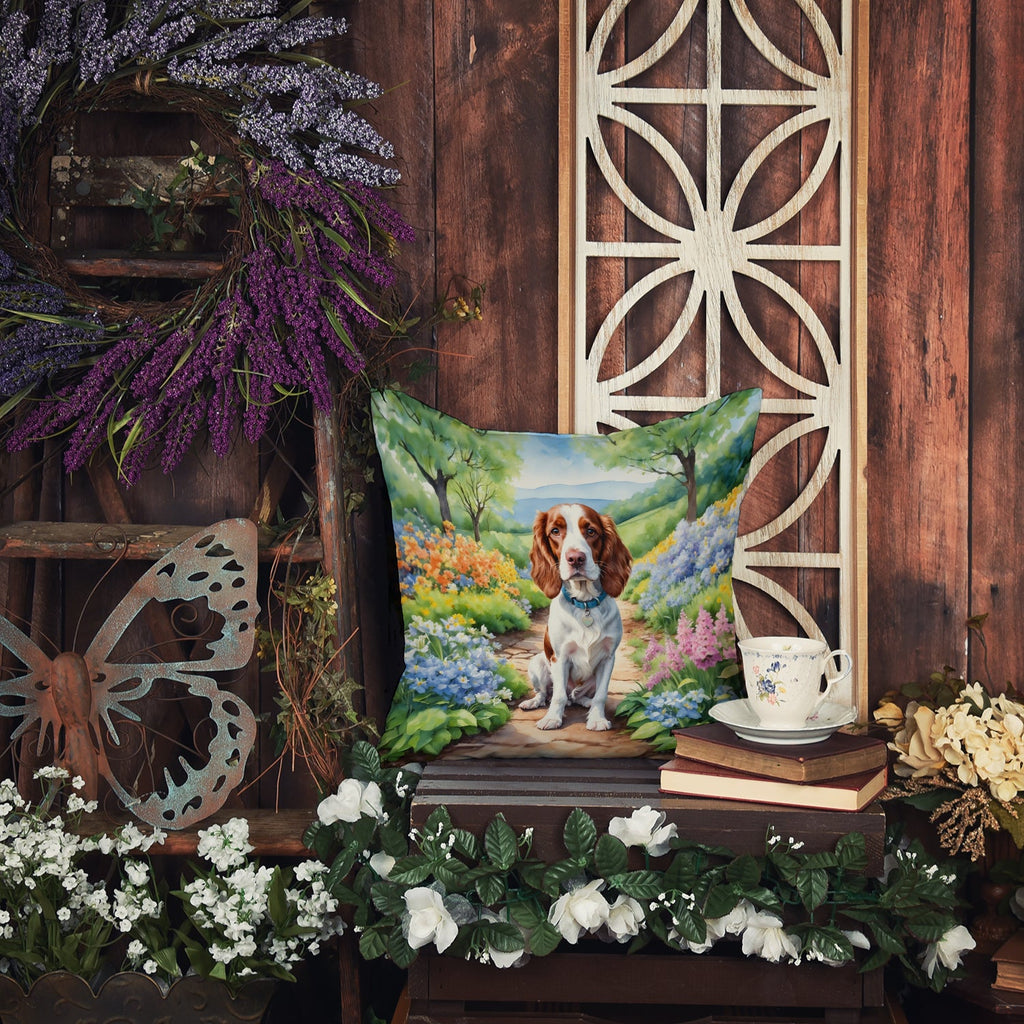 Welsh Springer Spaniel Spring Path Decorative Throw Pillow 14x14 Indoor Outdoor Accent Cushion, Fabric Cover with Insert for Sofa, Bed, Porch & Living Room