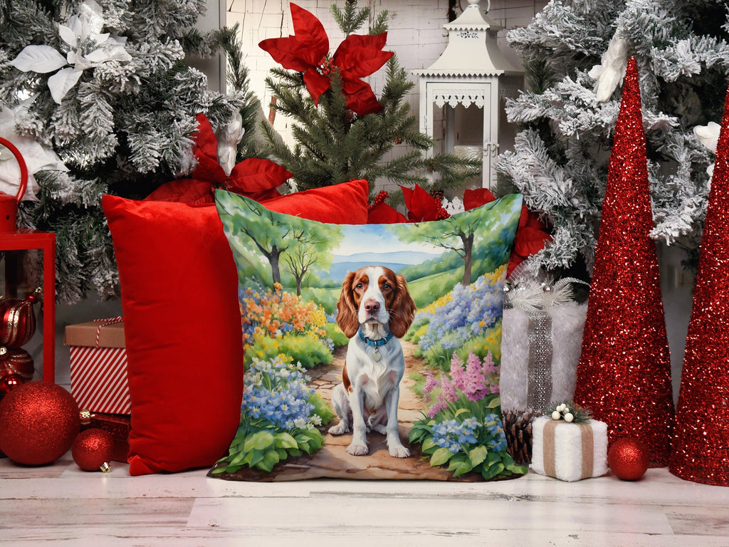 Welsh Springer Spaniel Spring Path Decorative Throw Pillow 14x14 Indoor Outdoor Accent Cushion, Fabric Cover with Insert for Sofa, Bed, Porch & Living Room