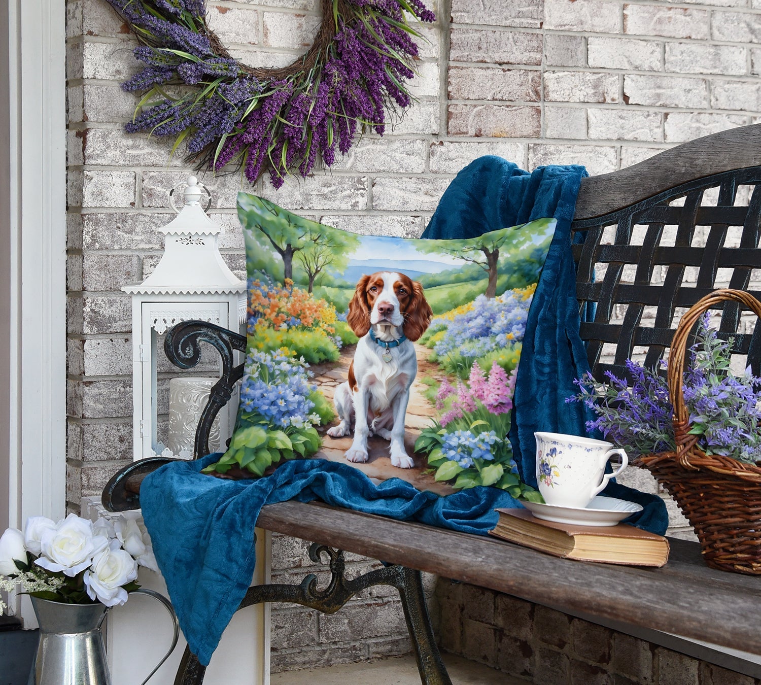 Welsh Springer Spaniel Spring Path Decorative Throw Pillow 18x18 Indoor Outdoor Accent Cushion, Fabric Cover with Insert for Sofa, Bed, Porch & Living Room