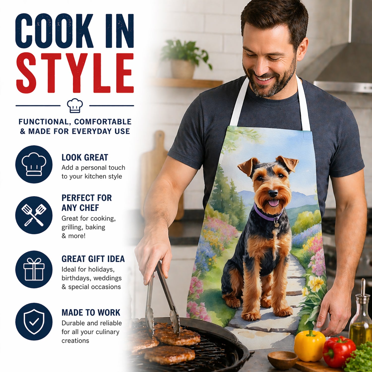 Welsh Terrier Spring Path Apron Cooking Kitchen Server Baking Crafts Gardening for Adult Women Men, Unisex, Large, Multicolor
