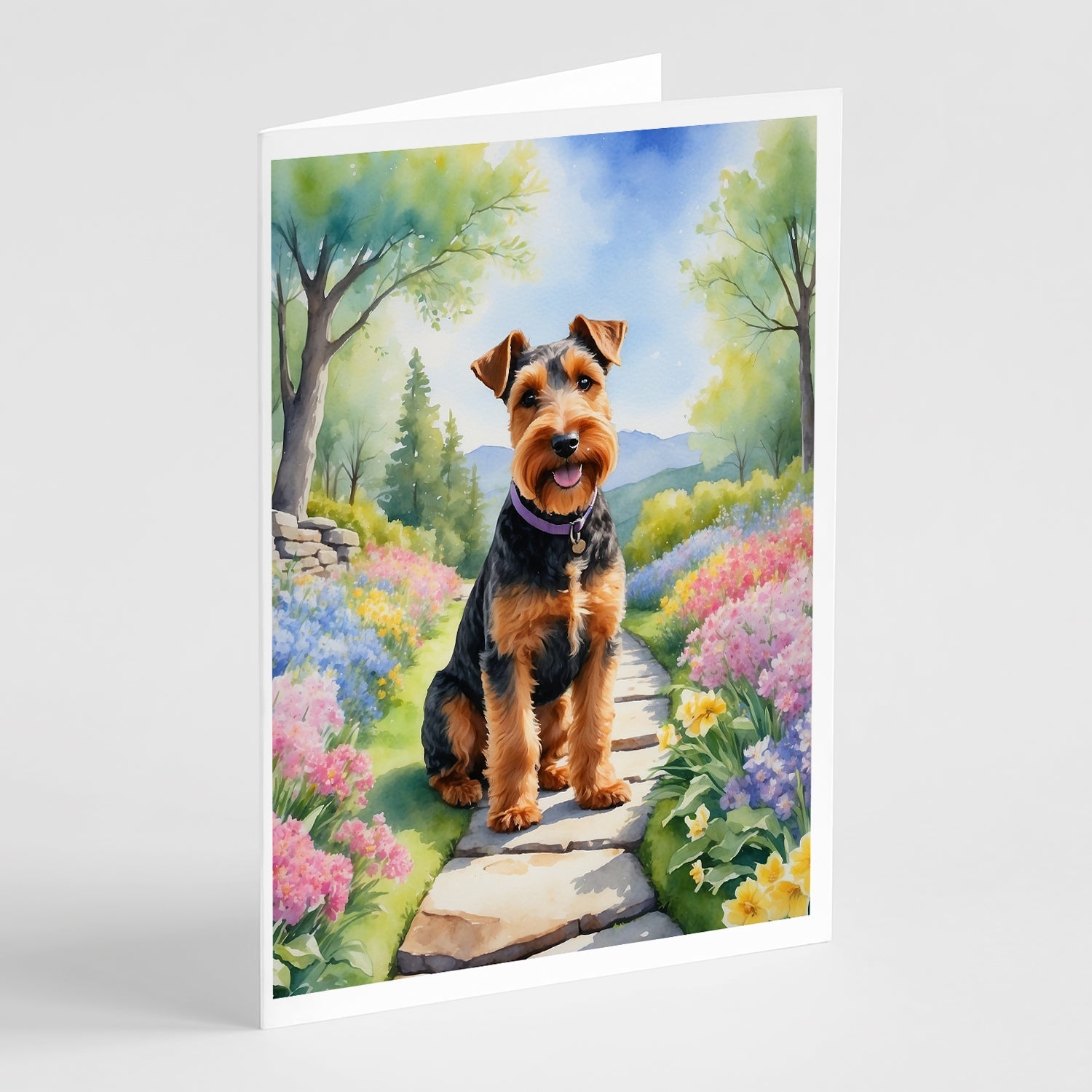 Welsh Terrier Spring Path Greeting Cards Pack of 8 Blank Cards with Envelopes Whimsical A7 Size 5x7