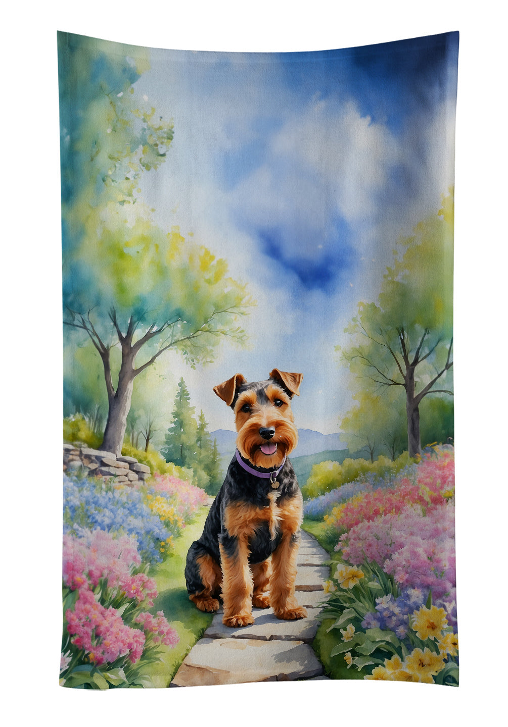 Welsh Terrier Spring Path Kitchen Towel Velour Plush Front and Cotton Loop Back Machine Washable