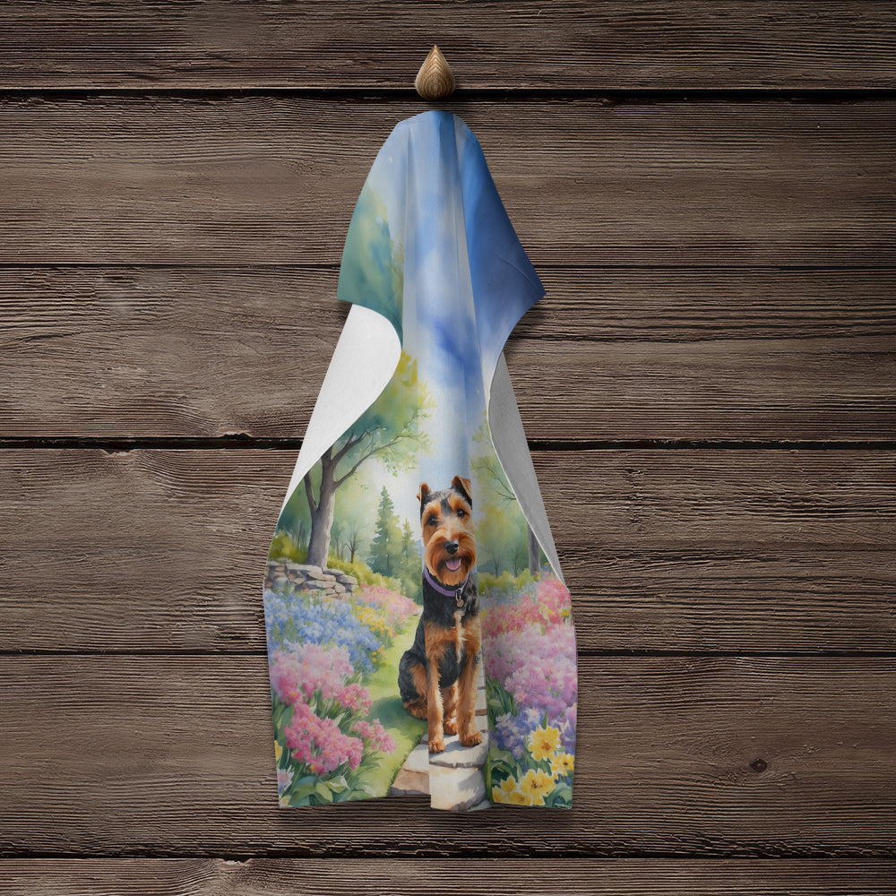 Welsh Terrier Spring Path Kitchen Towel Velour Plush Front and Cotton Loop Back Machine Washable