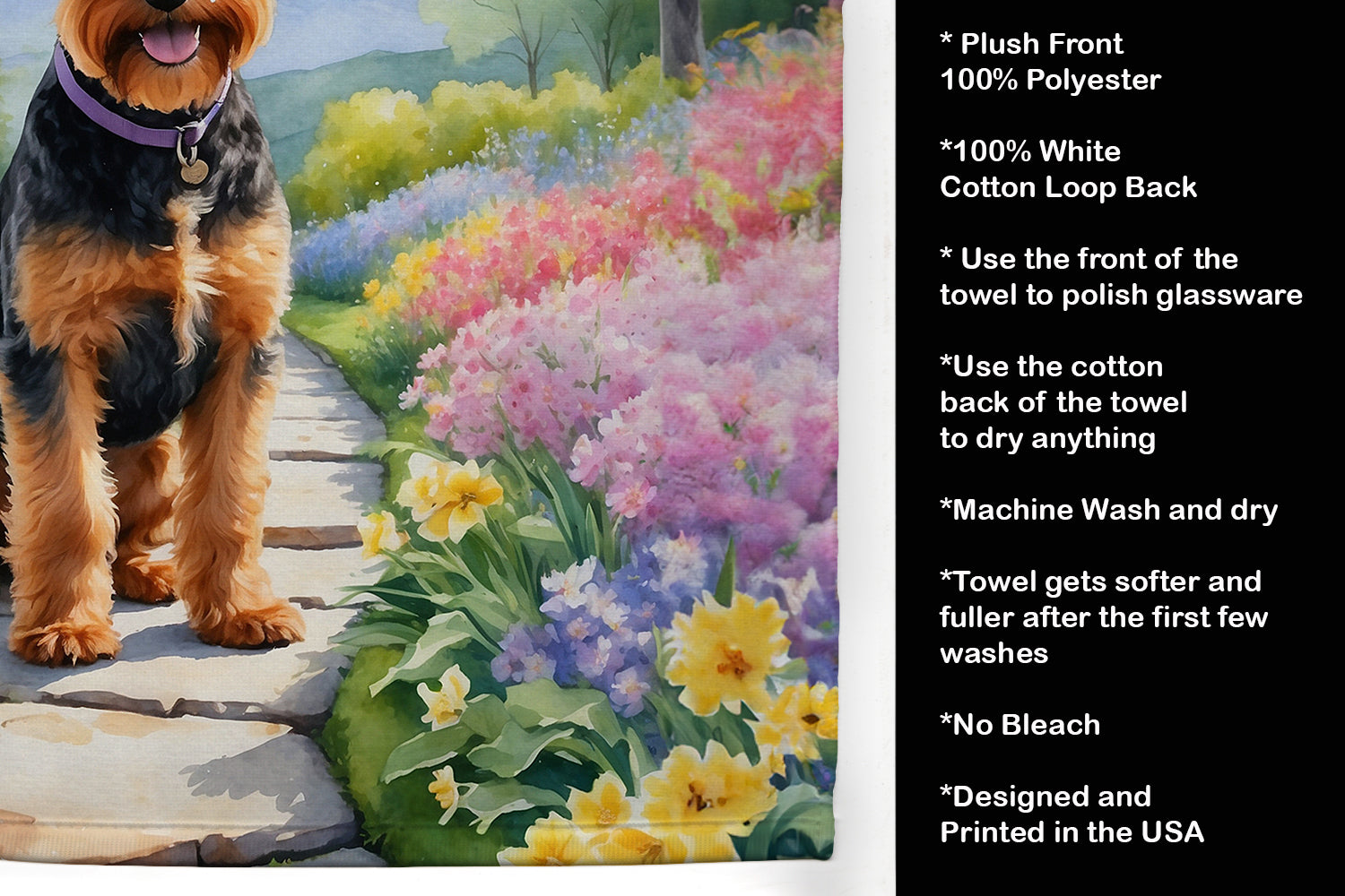 Welsh Terrier Spring Path Kitchen Towel Velour Plush Front and Cotton Loop Back Machine Washable