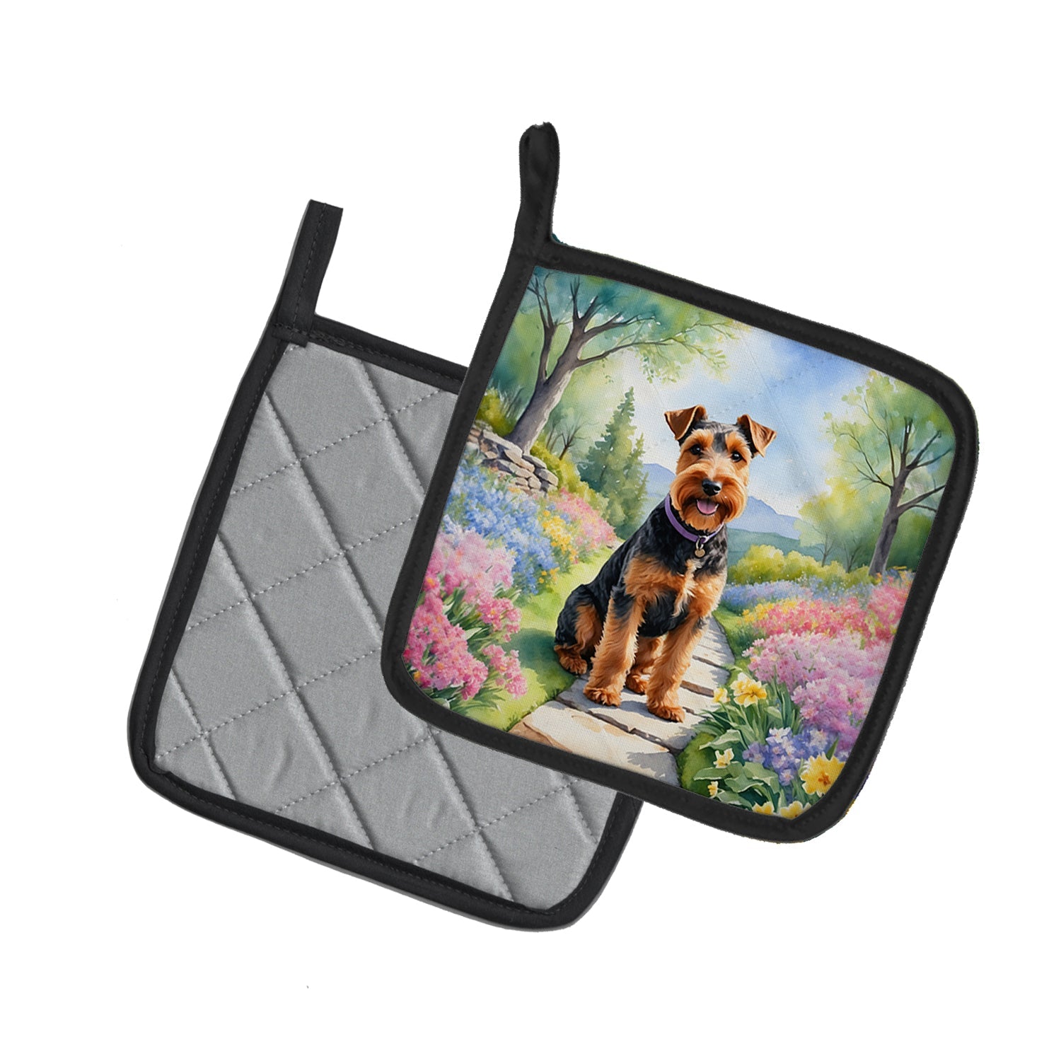 Welsh Terrier Spring Path Pot Holder Set of 2 Heat Resistant Quilted Hot Pads 7.5 x 7.5 Inch, Insulated Kitchen Trivets for Cooking & Baking