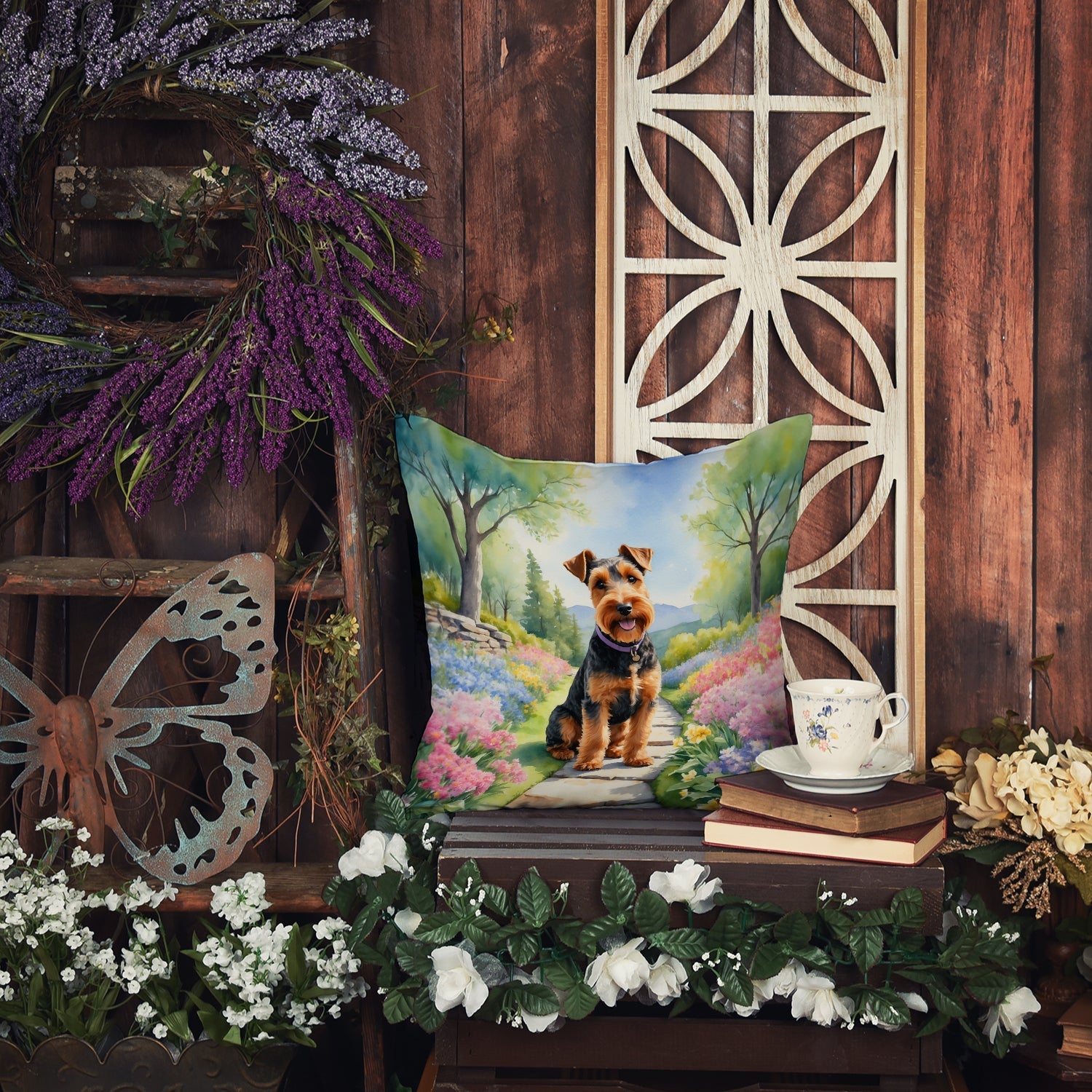 Welsh Terrier Spring Path Decorative Throw Pillow 18x18 Indoor Outdoor Accent Cushion, Fabric Cover with Insert for Sofa, Bed, Porch & Living Room