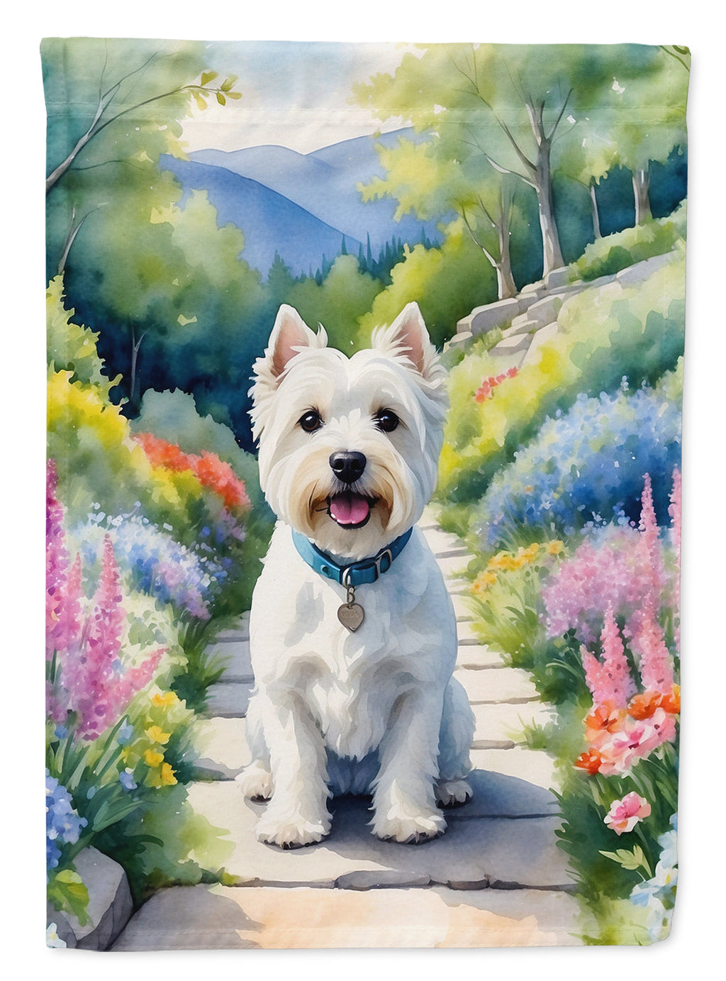 Westie Spring Path House Flag 28x40 Porch Sleeve Pole Decorative Outside Yard Banner Artwork Wall Hanging, Polyester