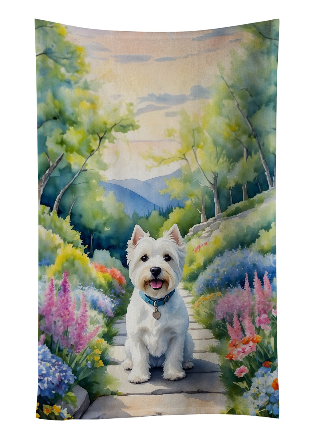 Westie Spring Path Kitchen Towel Velour Plush Front and Cotton Loop Back Machine Washable