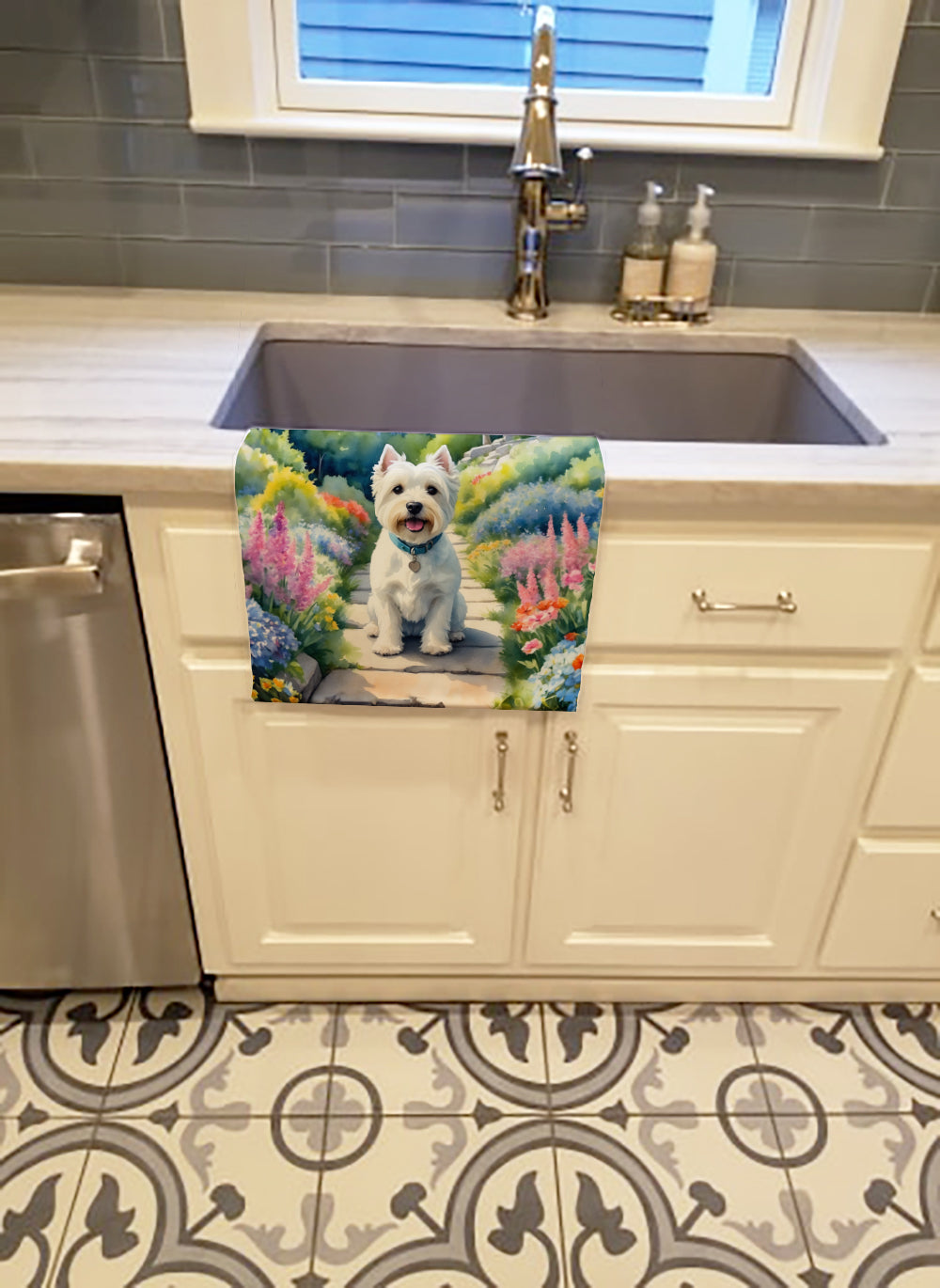 Westie Spring Path Kitchen Towel Velour Plush Front and Cotton Loop Back Machine Washable