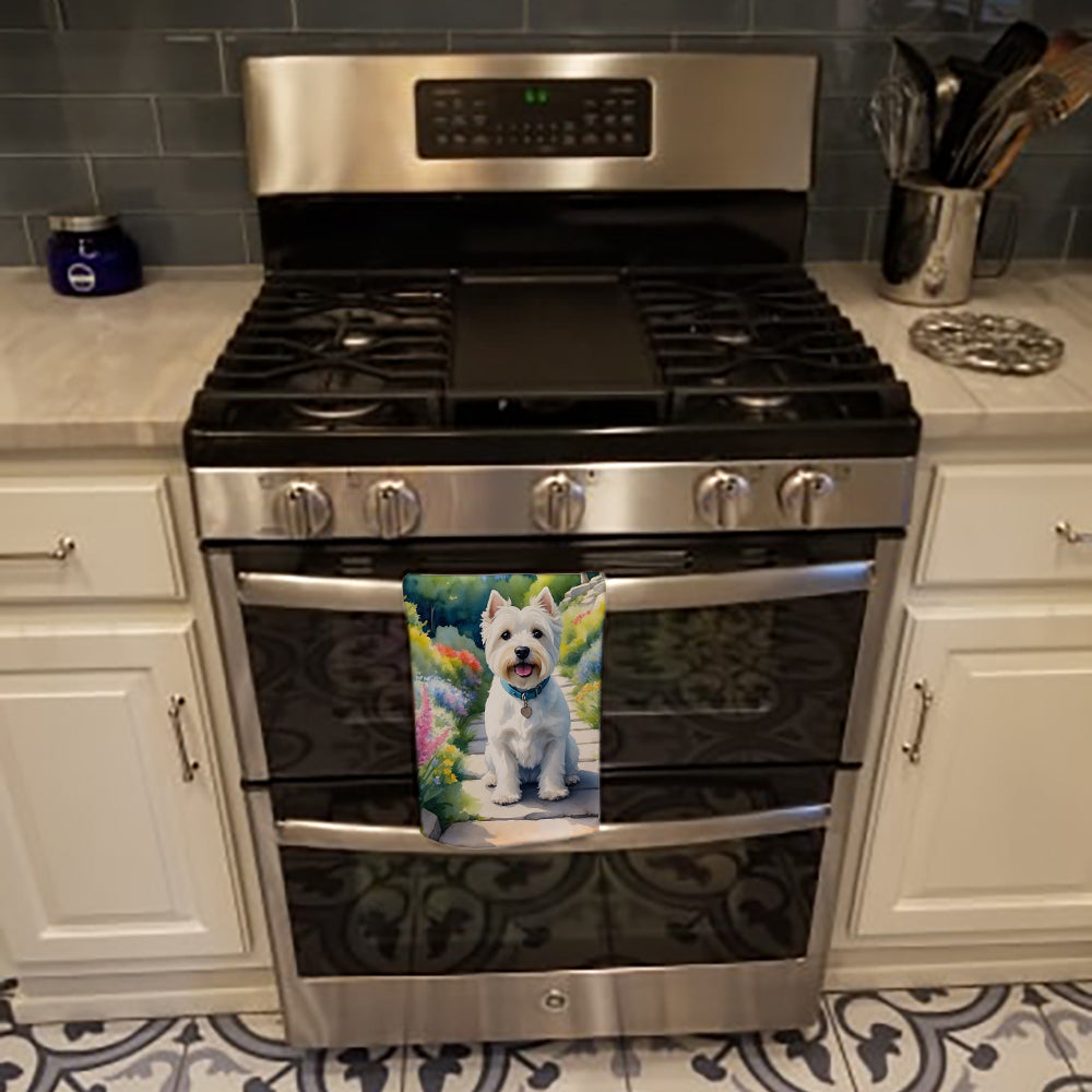Westie Spring Path Kitchen Towel Velour Plush Front and Cotton Loop Back Machine Washable