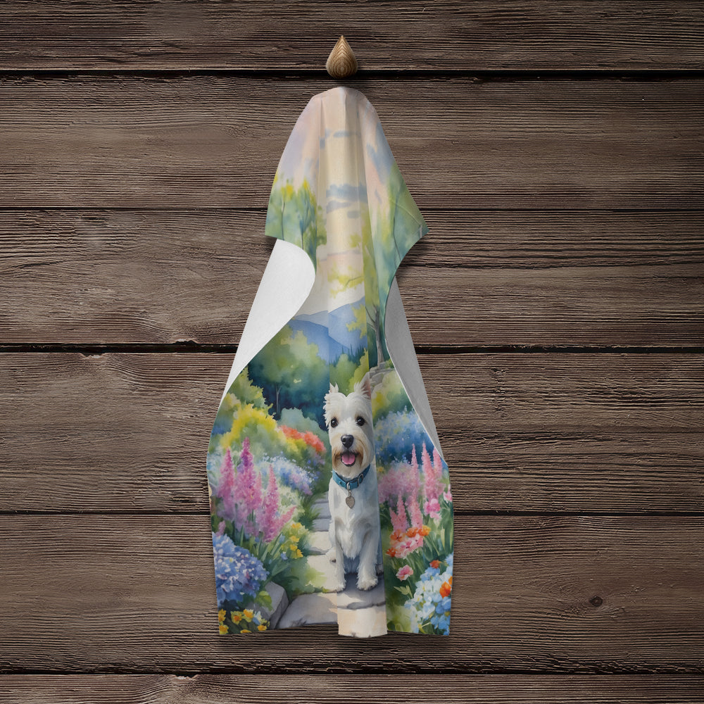 Westie Spring Path Kitchen Towel Velour Plush Front and Cotton Loop Back Machine Washable