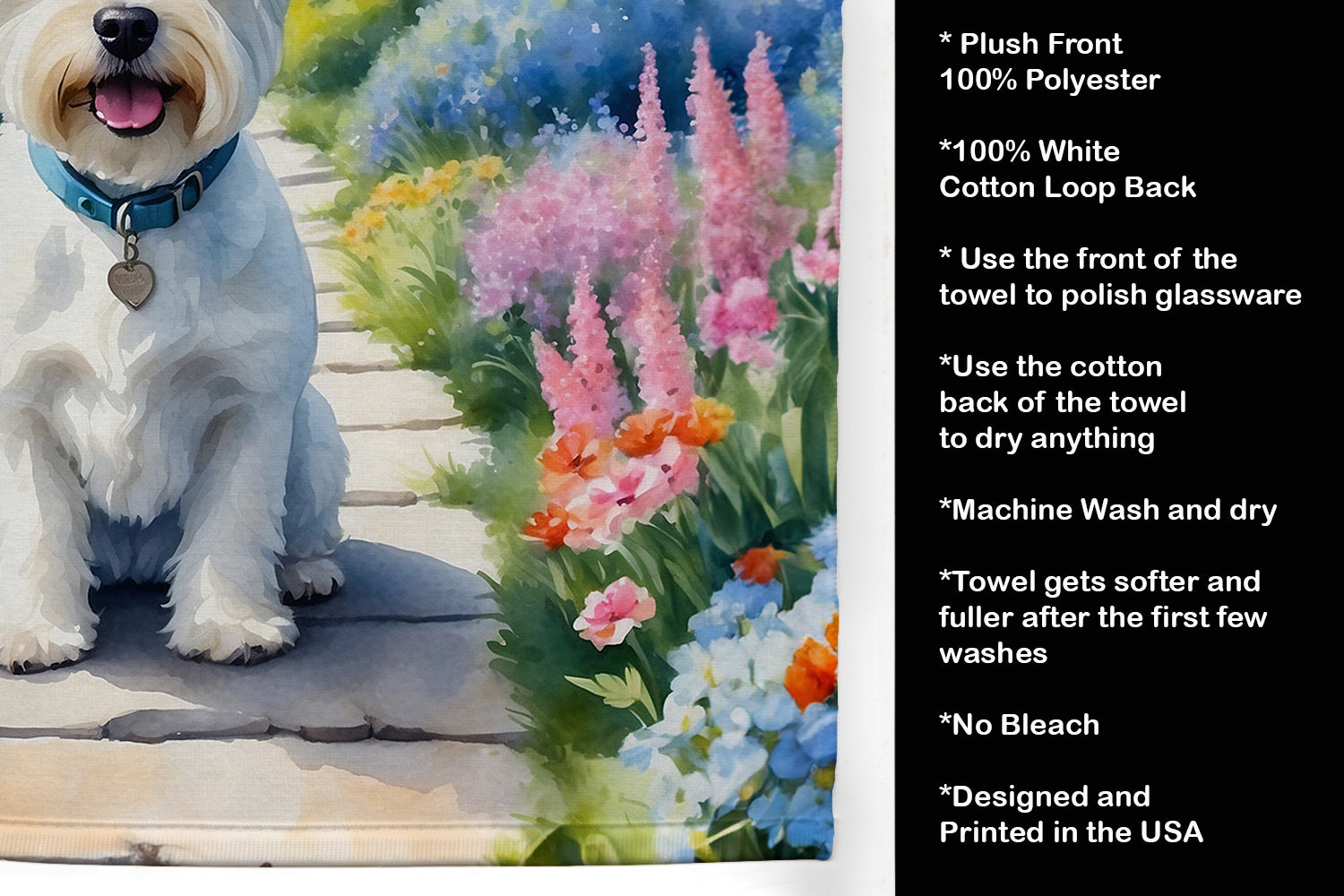 Westie Spring Path Kitchen Towel Velour Plush Front and Cotton Loop Back Machine Washable