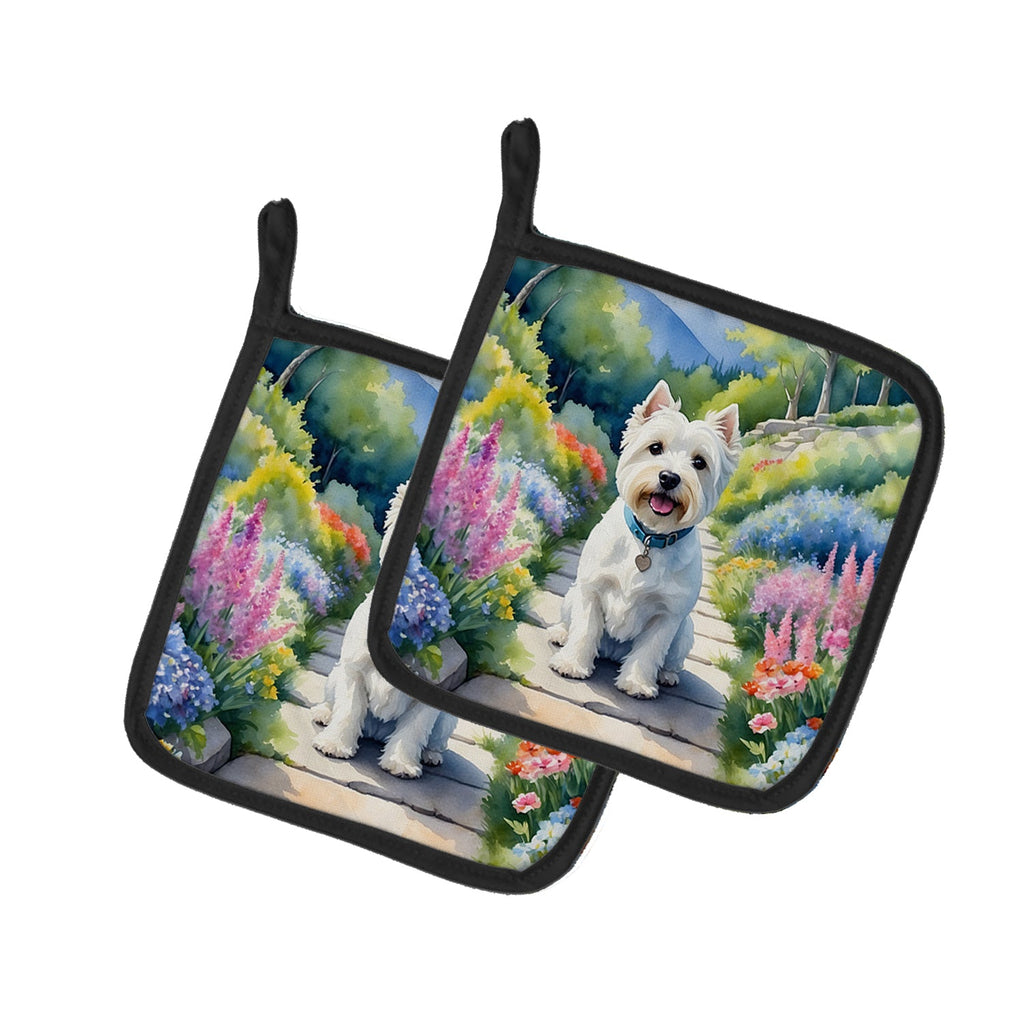 Westie Spring Path Pot Holder Set of 2 Heat Resistant Quilted Hot Pads 7.5 x 7.5 Inch, Insulated Kitchen Trivets for Cooking & Baking