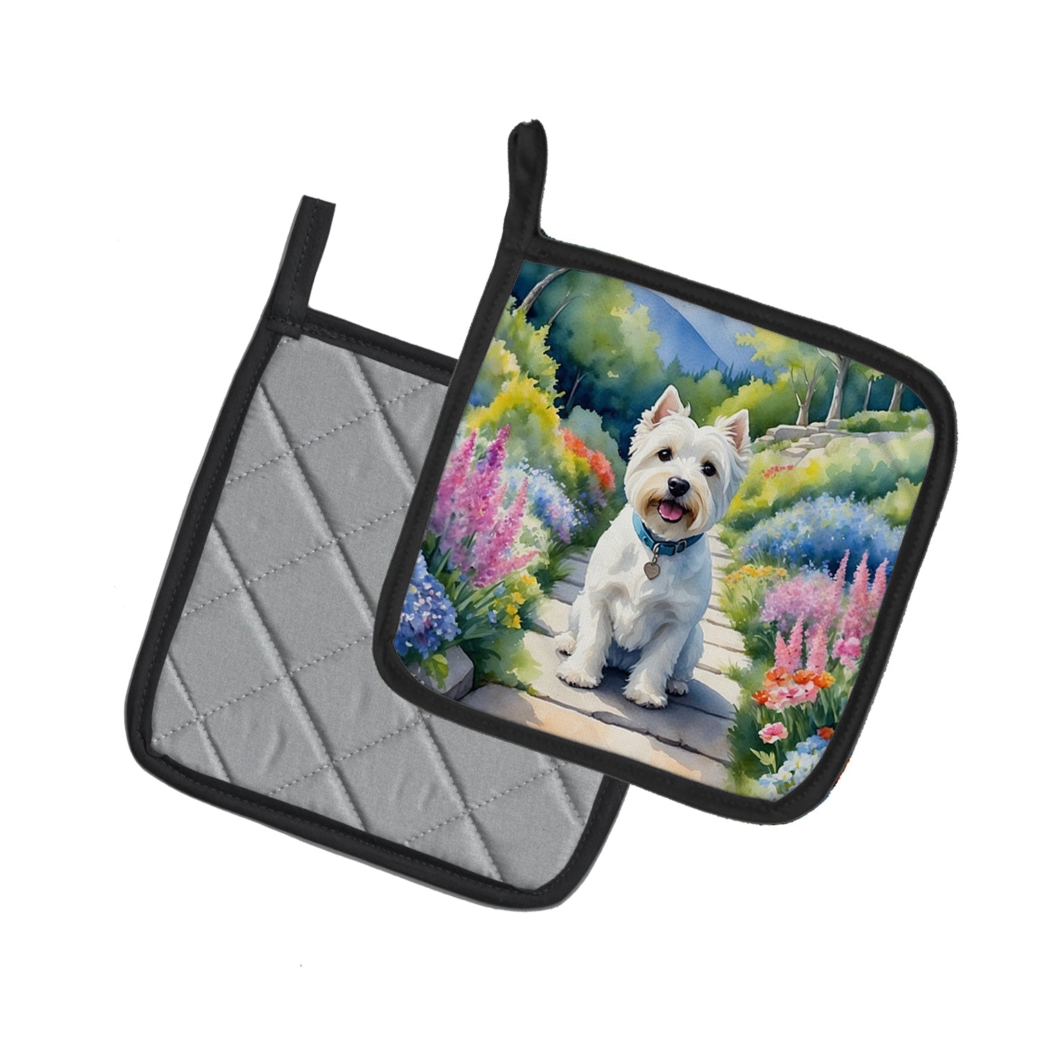 Westie Spring Path Pot Holder Set of 2 Heat Resistant Quilted Hot Pads 7.5 x 7.5 Inch, Insulated Kitchen Trivets for Cooking & Baking