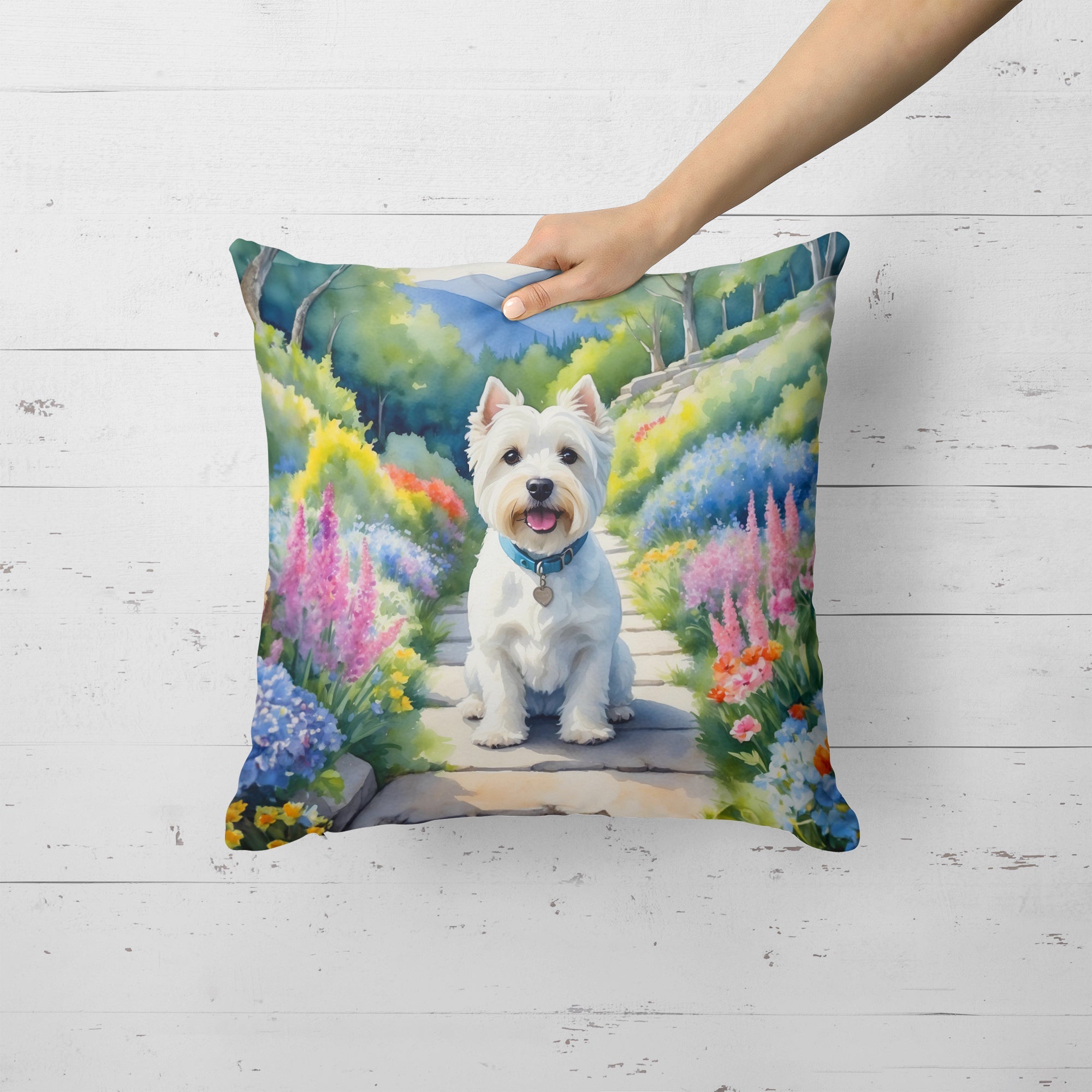 Westie Spring Path Decorative Throw Pillow 18x18 Indoor Outdoor Accent Cushion, Fabric Cover with Insert for Sofa, Bed, Porch & Living Room