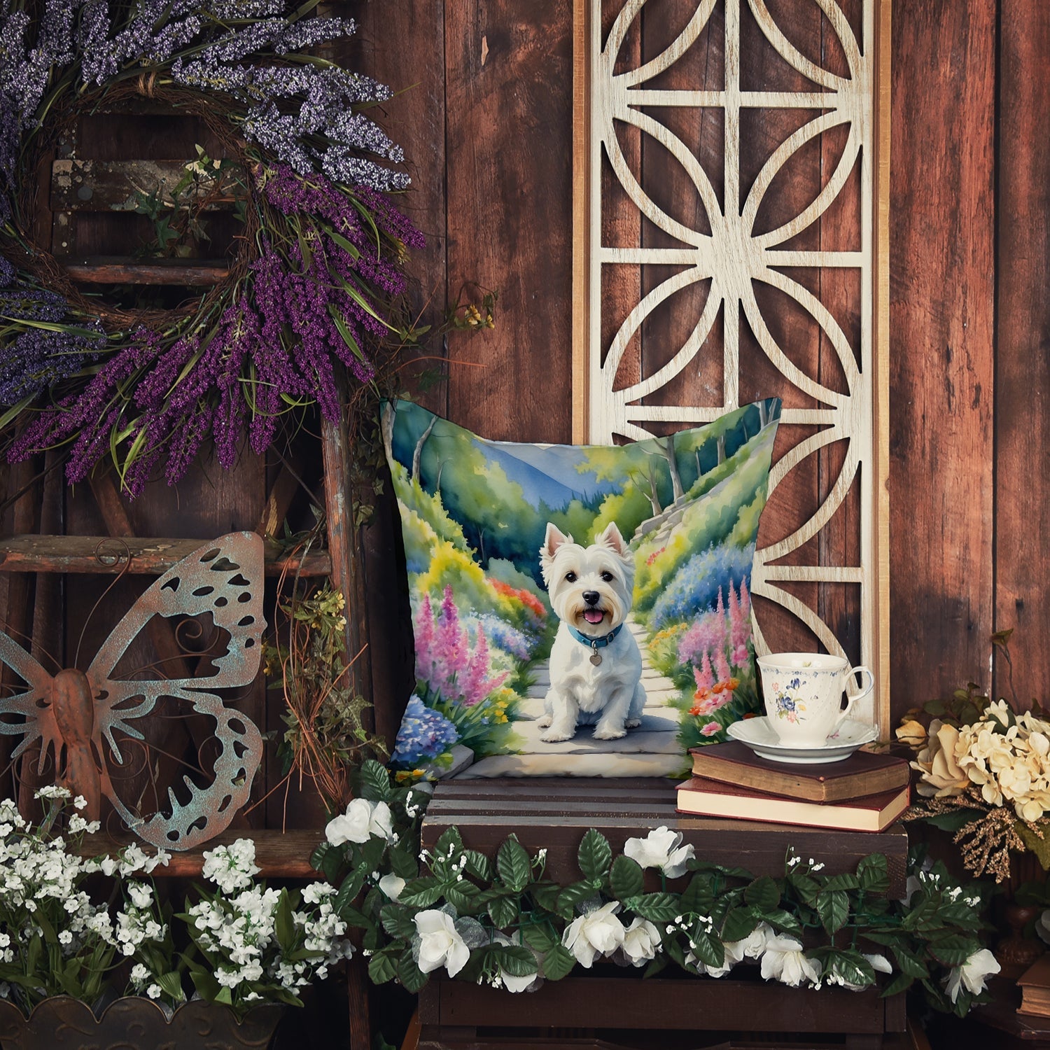 Westie Spring Path Decorative Throw Pillow 18x18 Indoor Outdoor Accent Cushion, Fabric Cover with Insert for Sofa, Bed, Porch & Living Room