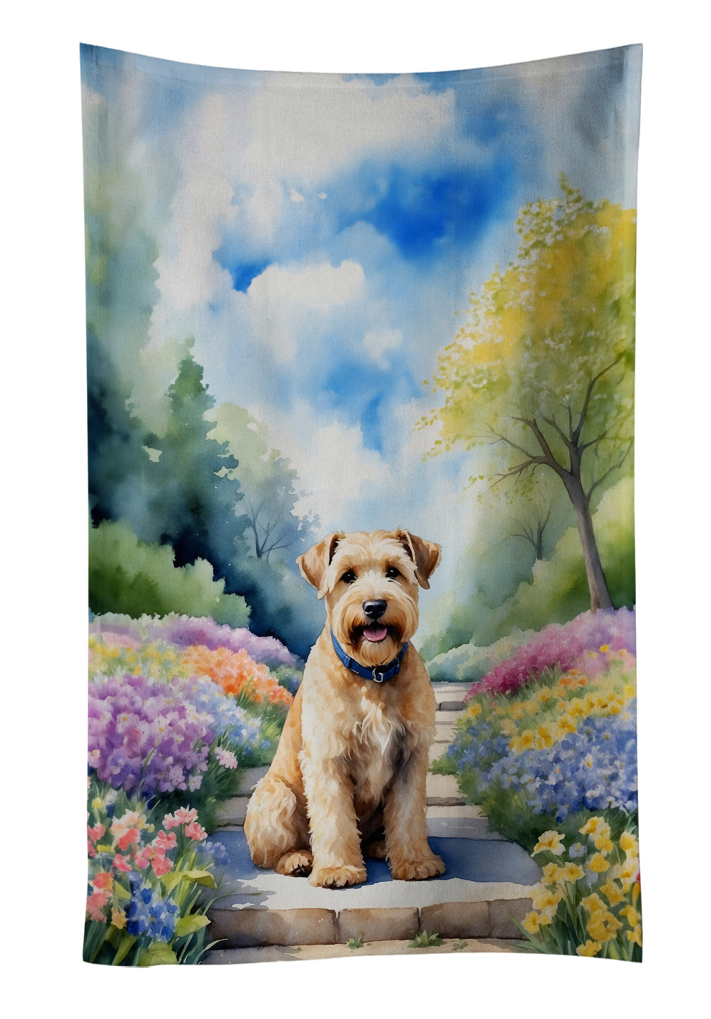 Wheaten Terrier Spring Path Kitchen Towel Velour Plush Front and Cotton Loop Back Machine Washable